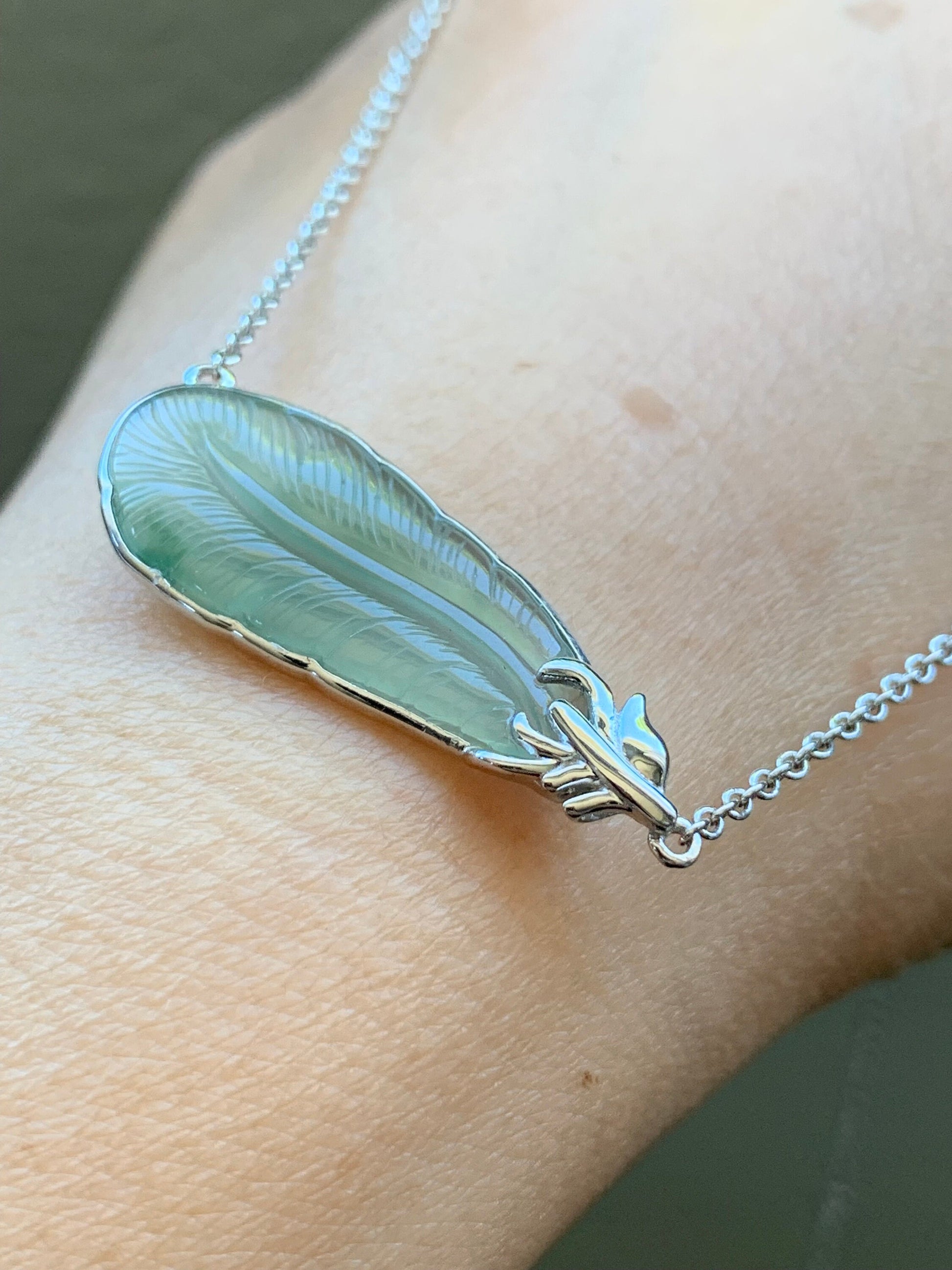 Certified Natural Burmese Icy Translucent Gelatinous Light Green Jadeite Carved Feather Pendant & Necklace 16”-17” 天然缅甸冰晴绿翡翠羽毛镶嵌锁骨链