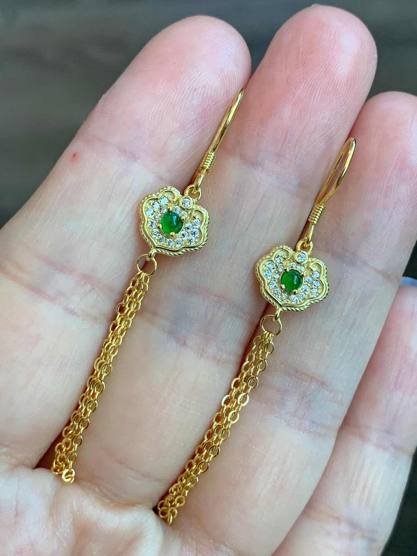 Natural Guatemalan Icy Highly Translucent Vibrant Green Jadeite Ruyi Dangle Earrings S925 Sterling Silver Gold Finish 天然冰危绿翡翠如意流苏款耳钩