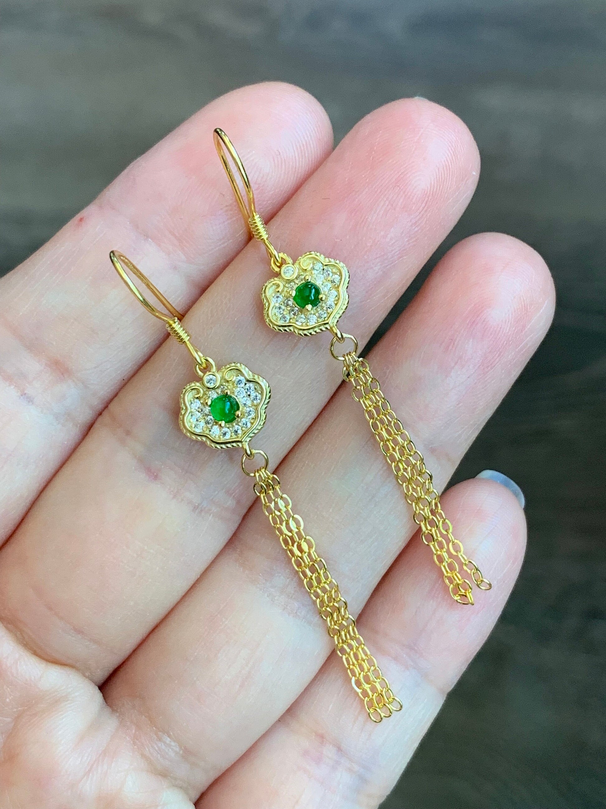 Natural Guatemalan Icy Highly Translucent Vibrant Green Jadeite Ruyi Dangle Earrings S925 Sterling Silver Gold Finish 天然冰危绿翡翠如意流苏款耳钩