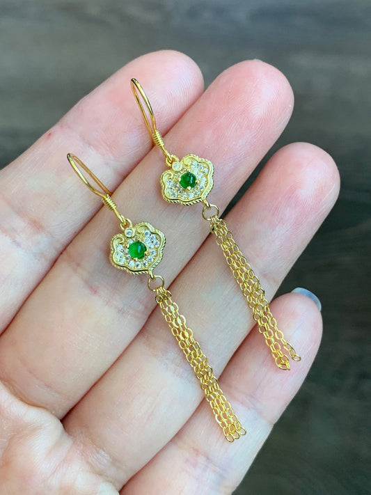 Natural Guatemalan Icy Highly Translucent Vibrant Green Jadeite Ruyi Dangle Earrings S925 Sterling Silver Gold Finish 天然冰危绿翡翠如意流苏款耳钩