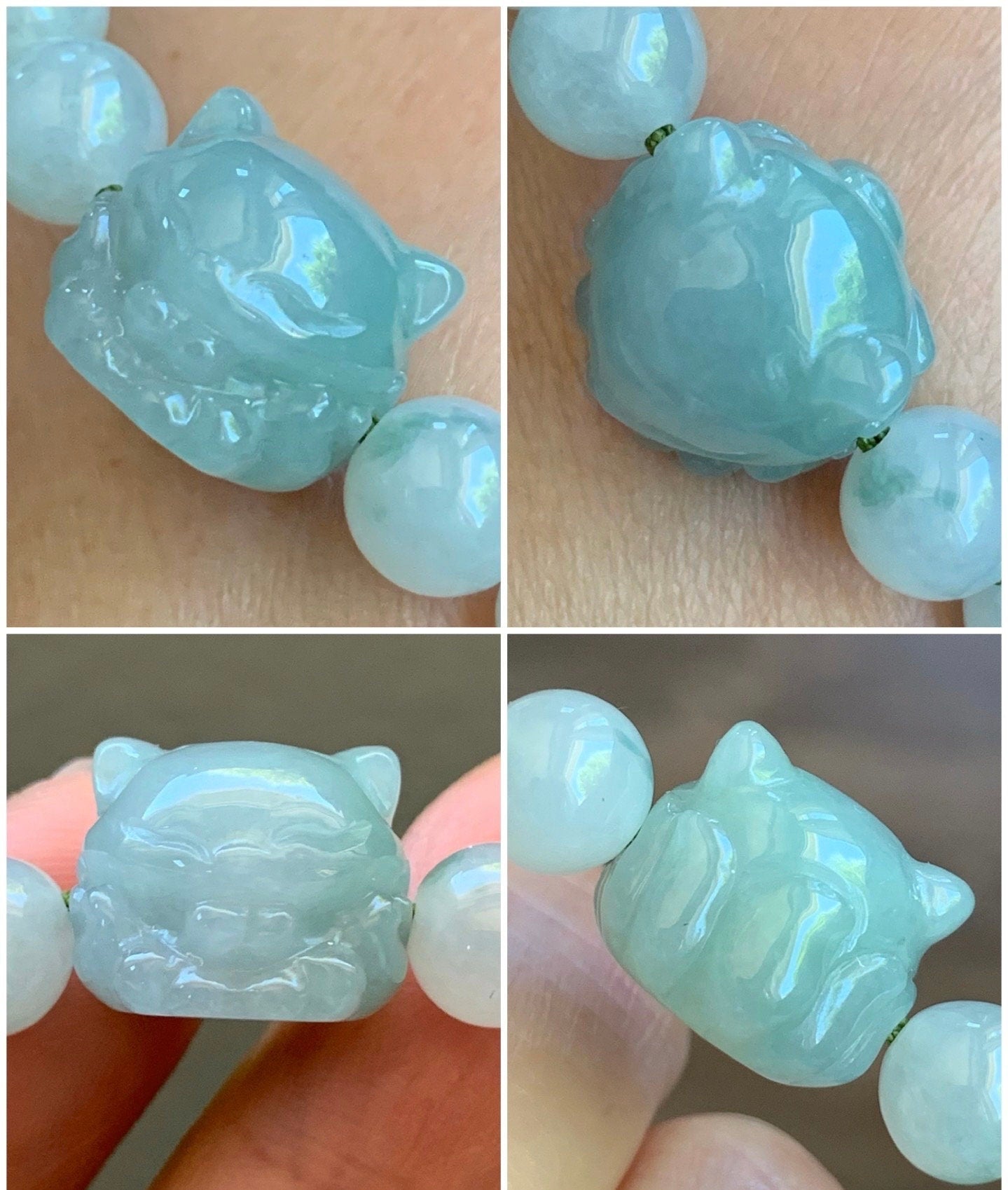 Natural Burmese Icy Translucent Light Green Jadeite Nine-Tailed Fox & Icy White Jadeite w/ Green Marbling Beaded Bracelet 7” 天然缅甸冰晴翡翠九尾狐珠手串