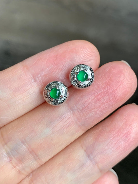Guatemalan Natural Highly Translucent Icy Green Jadeite Stud Earrings S925 Sterling Silver 天然危地马拉高冰绿翡翠镶嵌耳钉