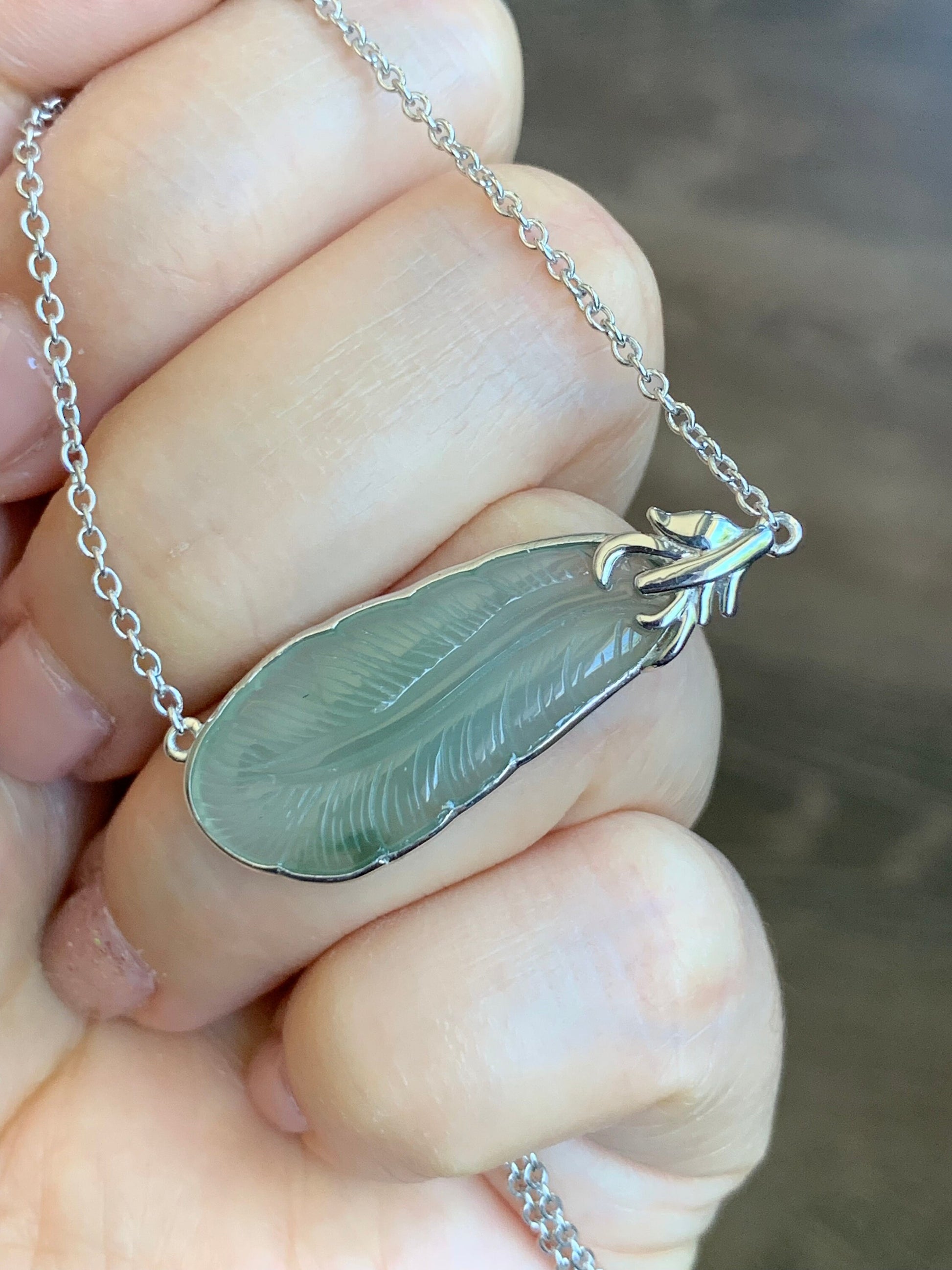 Certified Natural Burmese Icy Translucent Gelatinous Light Green Jadeite Carved Feather Pendant & Necklace 16”-17” 天然缅甸冰晴绿翡翠羽毛镶嵌锁骨链