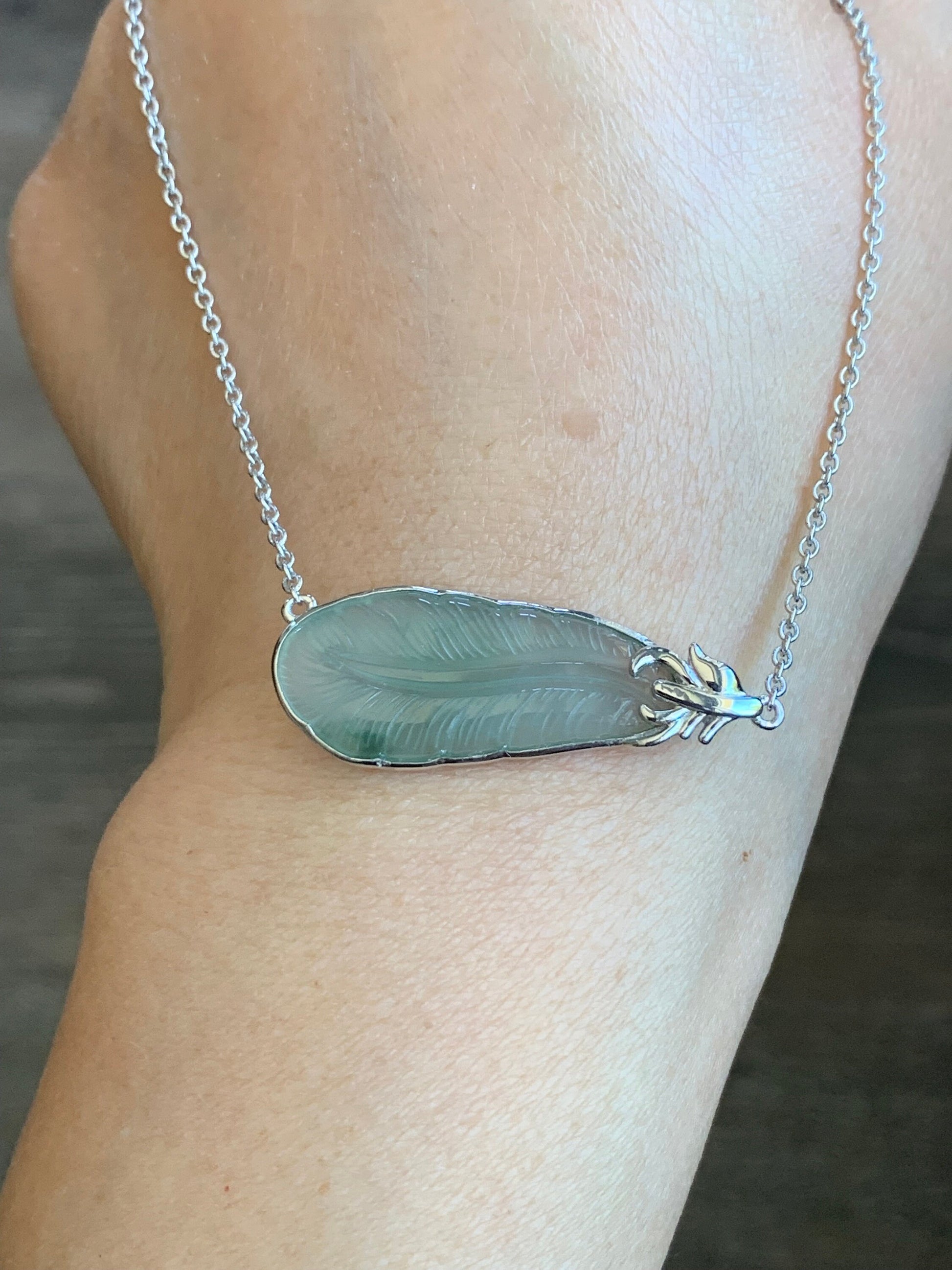 Certified Natural Burmese Icy Translucent Gelatinous Light Green Jadeite Carved Feather Pendant & Necklace 16”-17” 天然缅甸冰晴绿翡翠羽毛镶嵌锁骨链