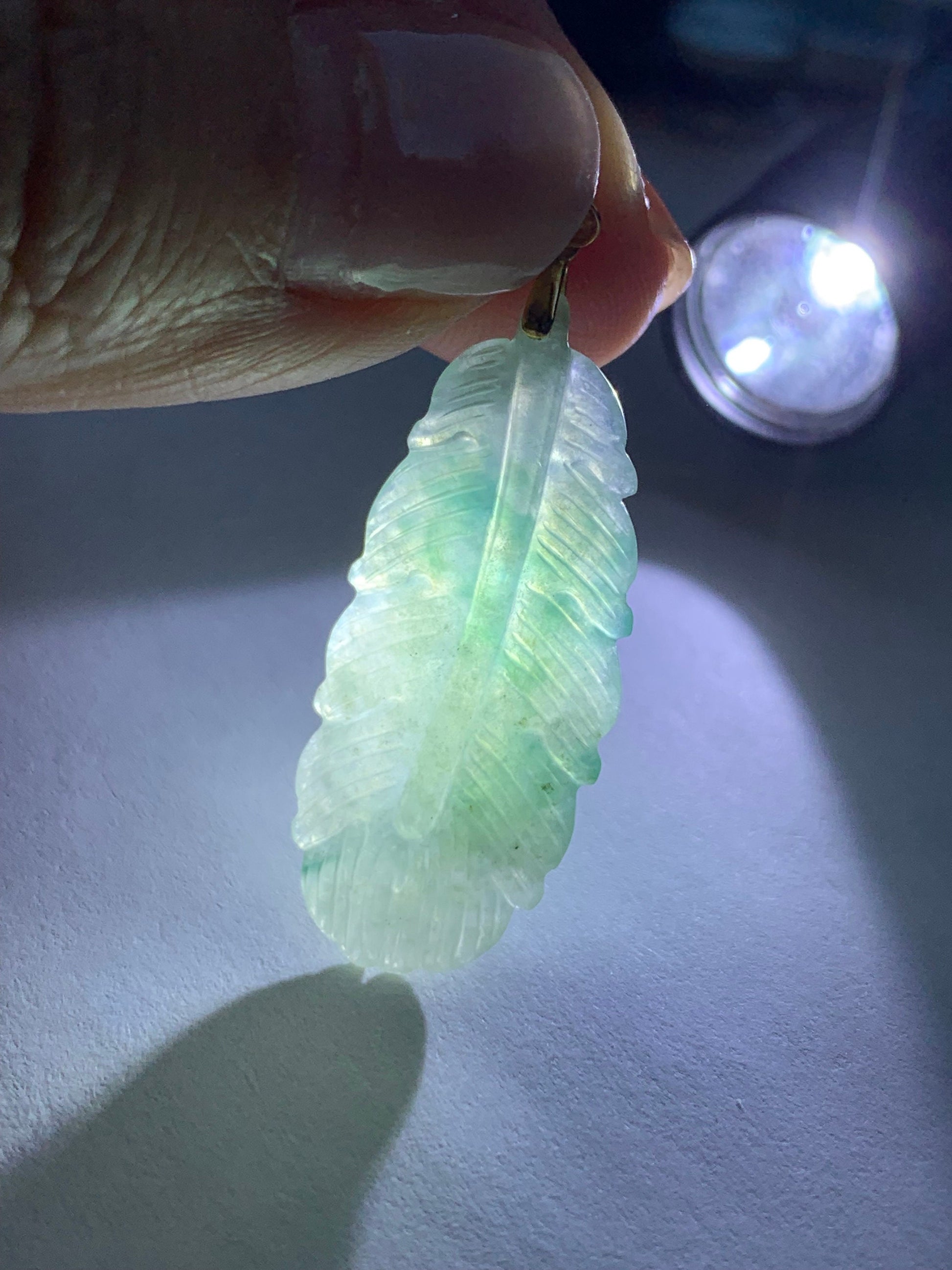 Natural Burmese Icy Translucent Gelatinous Green Marbled Jadeite Carved Feather Pendant 18K Yellow Gold Bail 天然缅甸冰飘花翡翠羽毛镶嵌吊坠