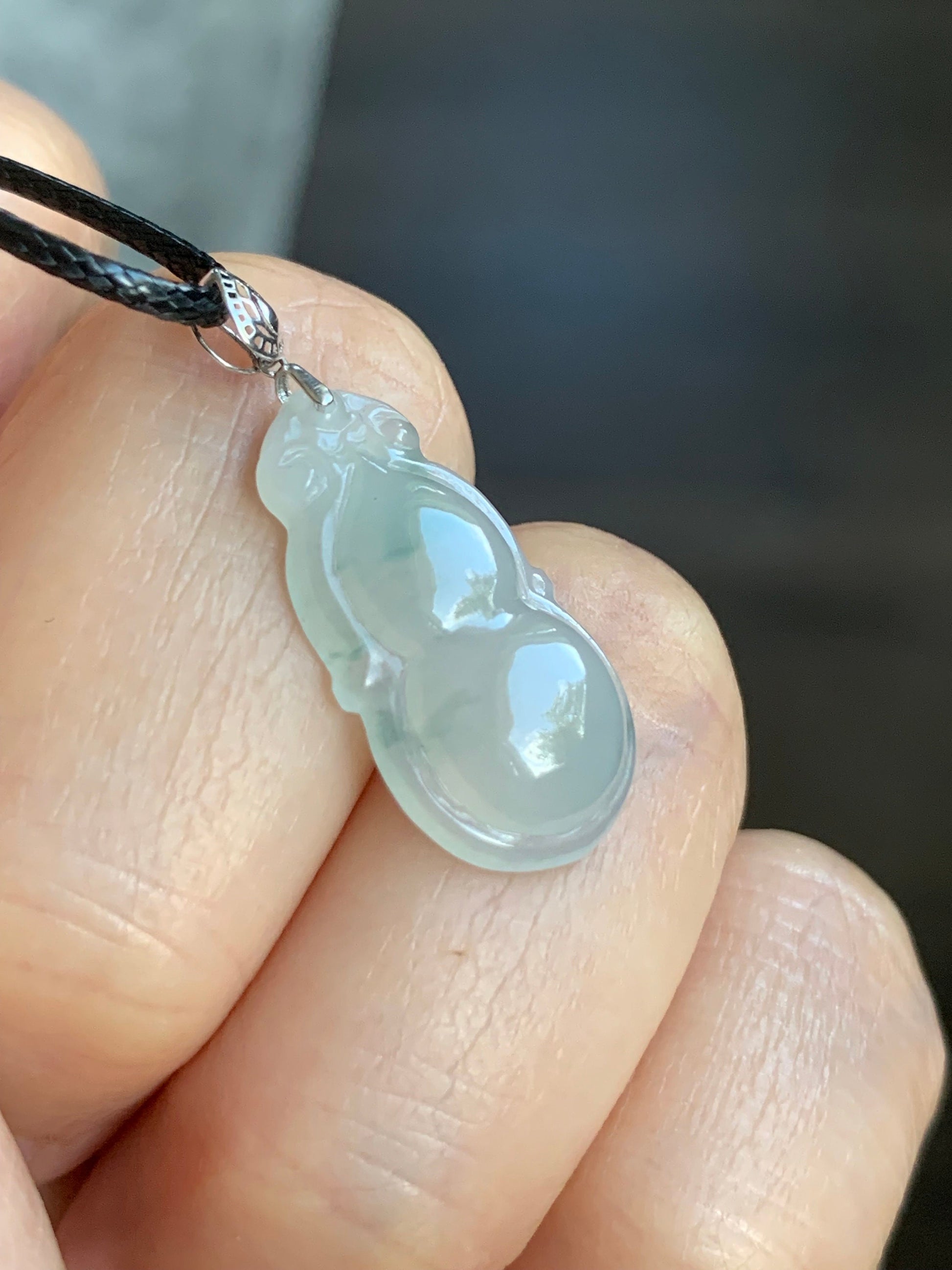 Natural Burmese Icy Translucent Gelatinous Light Green Marbling Jadeite Gourd Hulu Pendant 18K White Gold Bail 17” Cord 天然缅甸淡冰飘花翡翠葫芦镶嵌吊坠