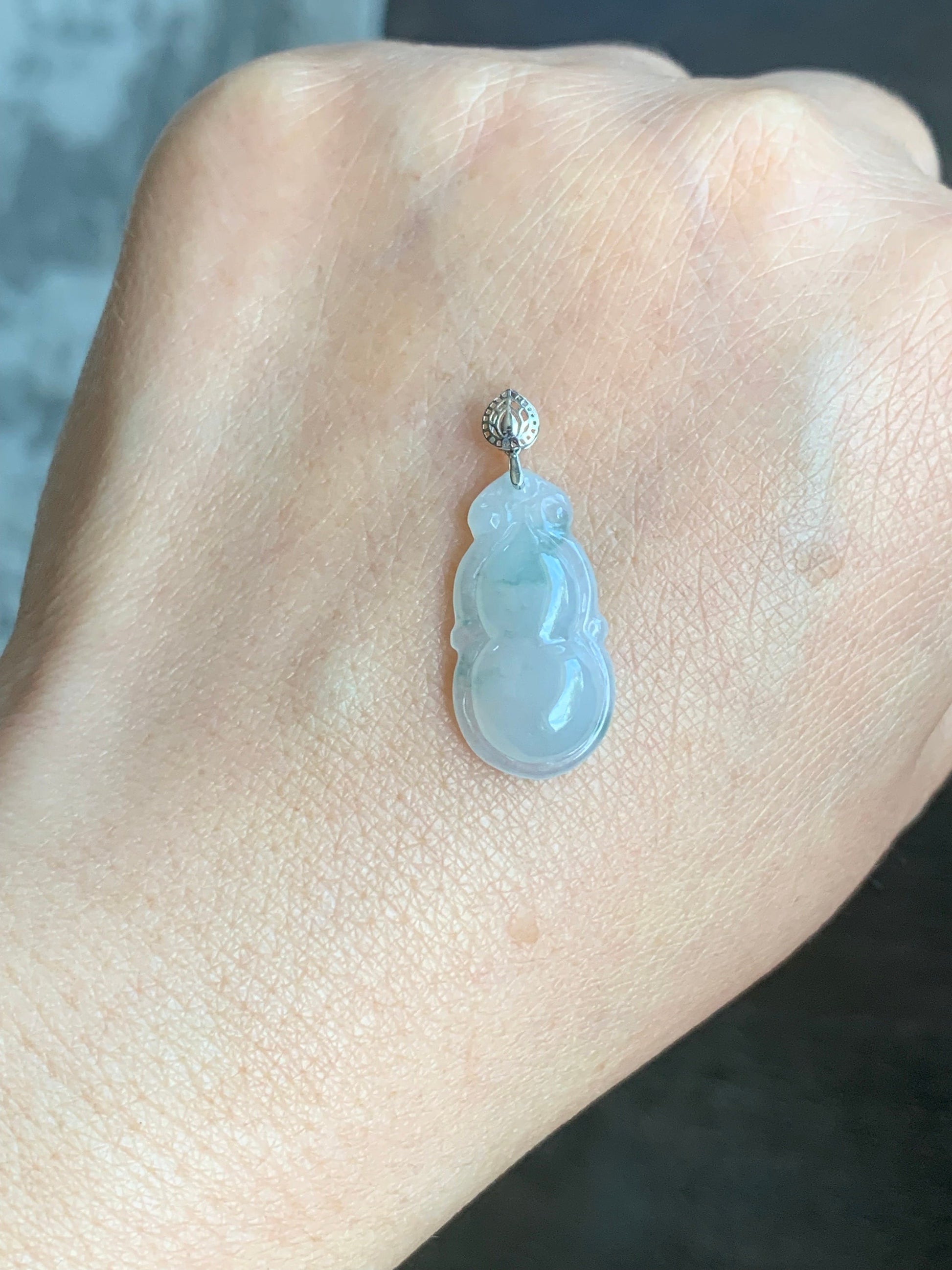 Natural Burmese Icy Translucent Gelatinous Light Green Marbling Jadeite Gourd Hulu Pendant 18K White Gold Bail 17” Cord 天然缅甸淡冰飘花翡翠葫芦镶嵌吊坠