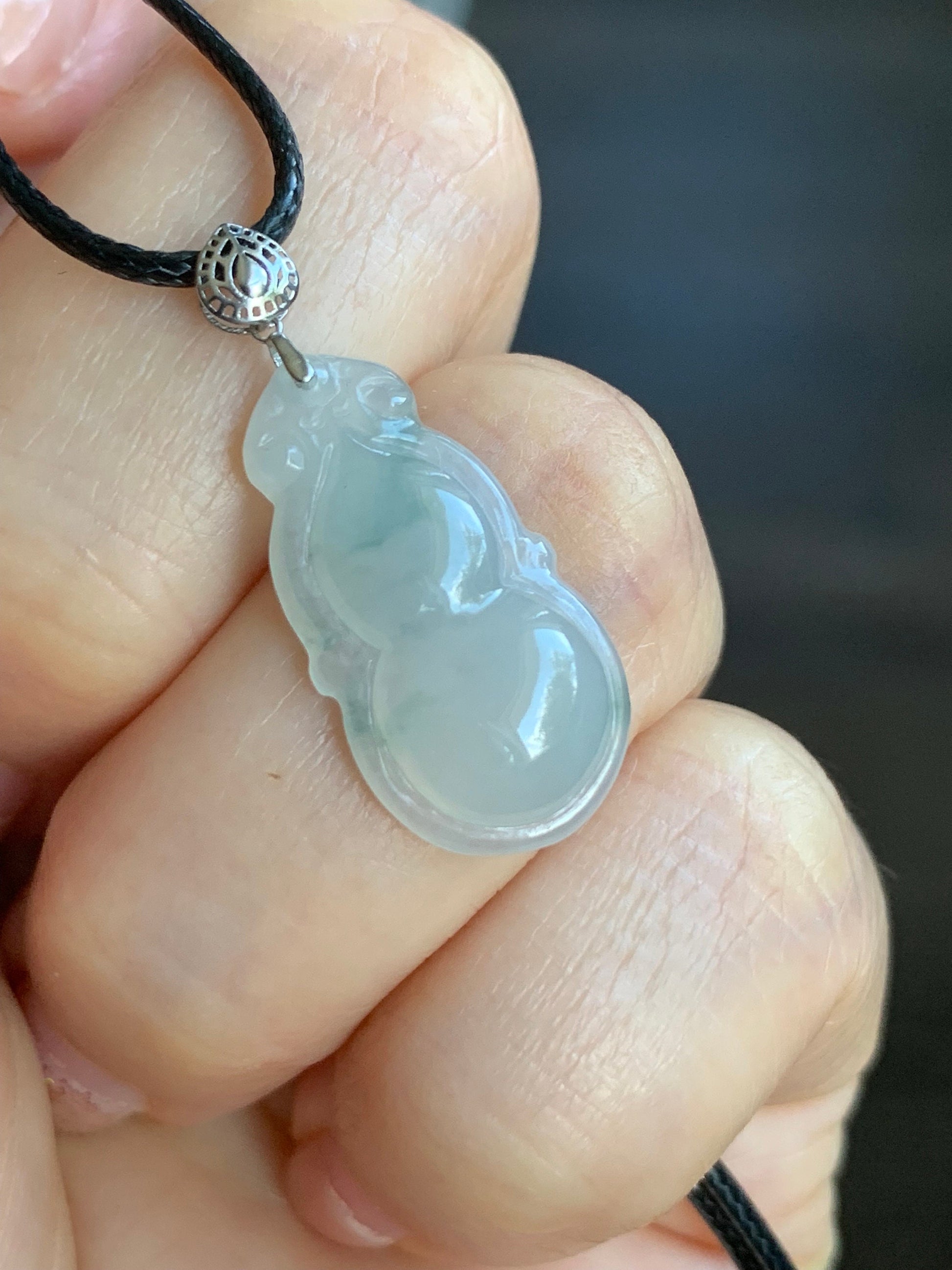 Natural Burmese Icy Translucent Gelatinous Light Green Marbling Jadeite Gourd Hulu Pendant 18K White Gold Bail 17” Cord 天然缅甸淡冰飘花翡翠葫芦镶嵌吊坠