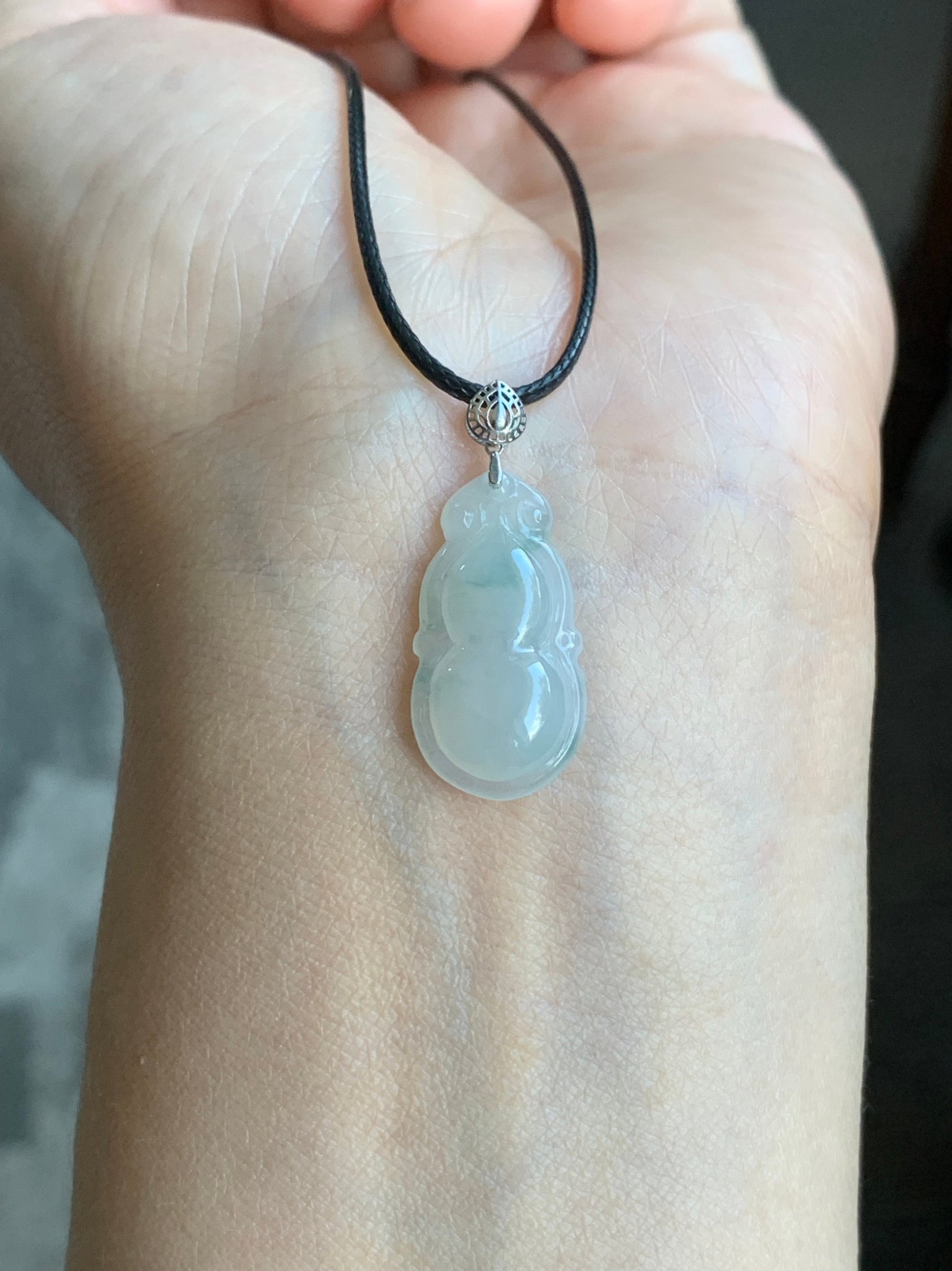 Natural Burmese Icy Translucent Gelatinous Light Green Marbling Jadeite Gourd Hulu Pendant 18K White Gold Bail 17” Cord 天然缅甸淡冰飘花翡翠葫芦镶嵌吊坠