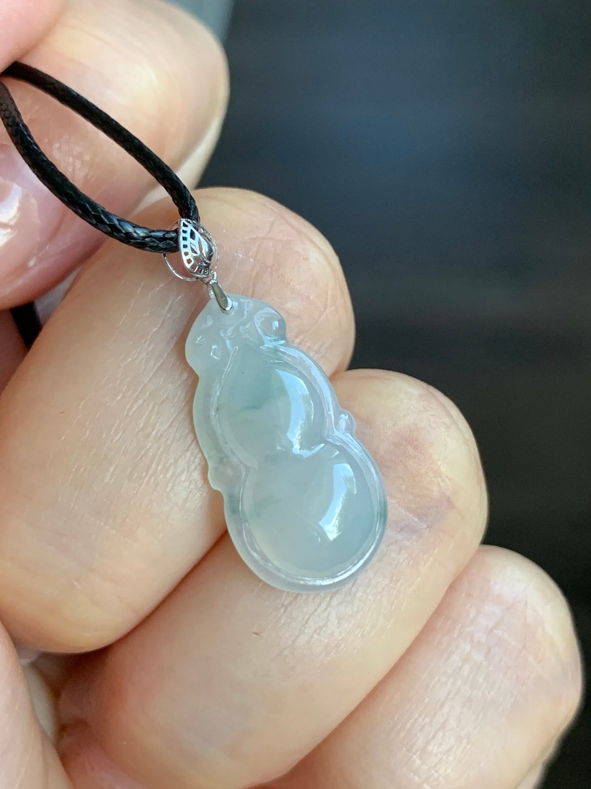 Natural Burmese Icy Translucent Gelatinous Light Green Marbling Jadeite Gourd Hulu Pendant 18K White Gold Bail 17” Cord 天然缅甸淡冰飘花翡翠葫芦镶嵌吊坠