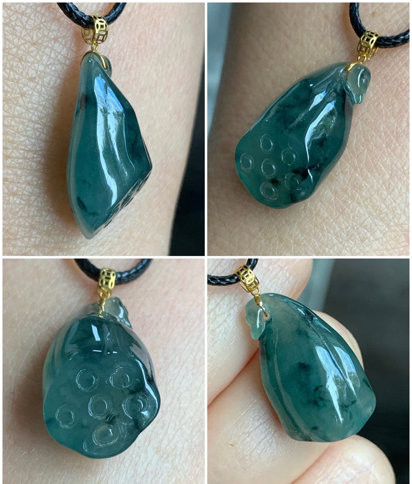 Natural Burmese Icy Translucent Gelatinous Green Jadeite w/ Dark Green Marbling Carved Lotus Pod Pendant 18K Yellow Gold 天然缅甸冰胶绿飘花翡翠莲蓬镶嵌吊坠