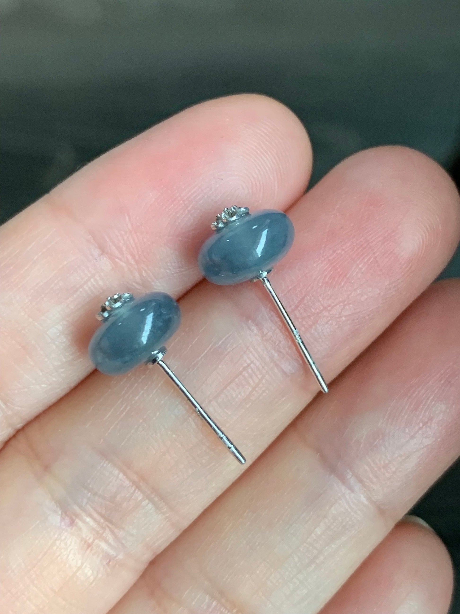 Certified Guatemalan Natural Icy Highly Translucent Light Blue Jadeite Drum Bead Stud Earrings 18K White Gold 天然冰危蓝水翡翠鼓珠Ｋ金镶嵌耳钉 1643