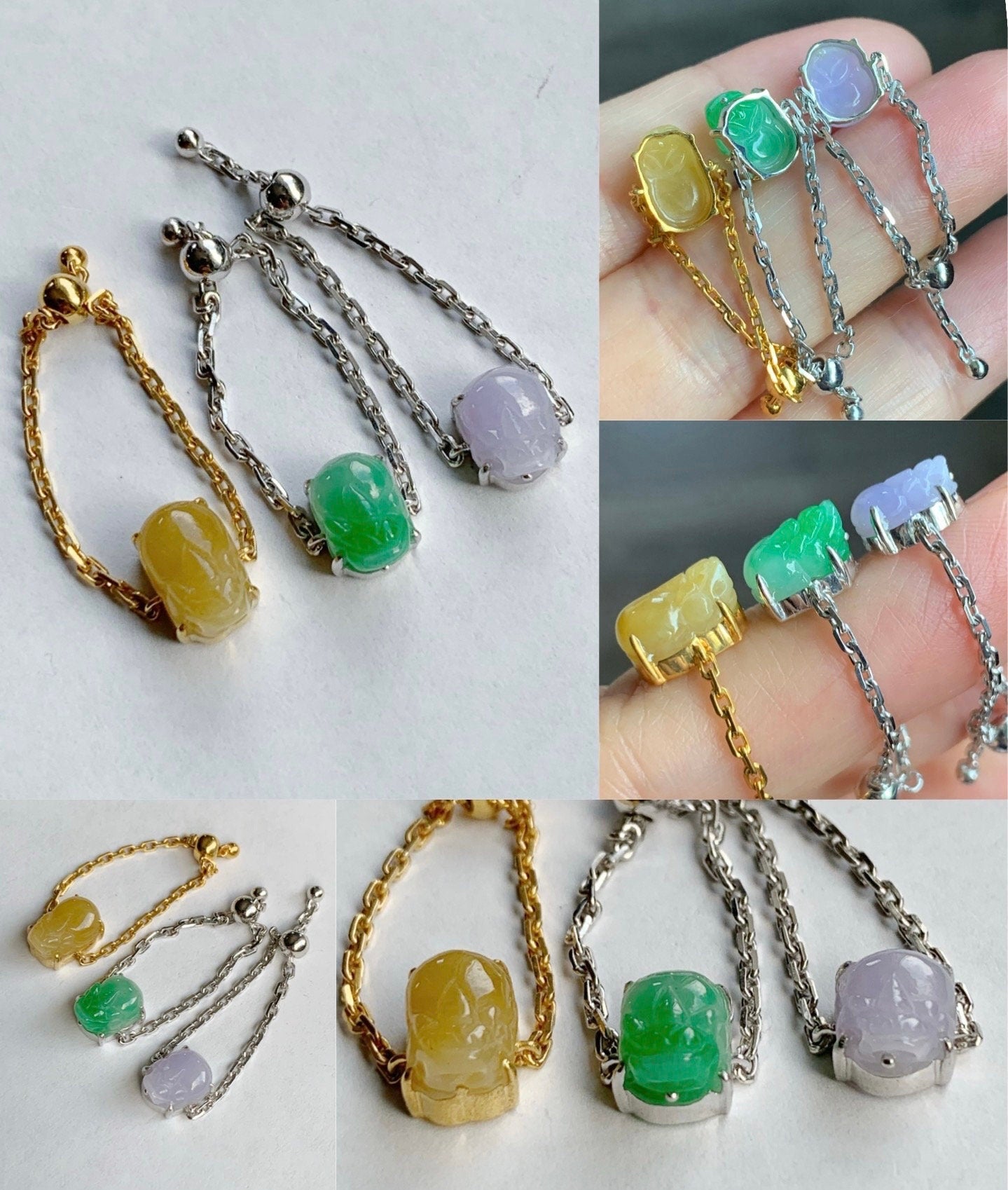 Certified Natural Burmese Icy Translucent Vibrant Green / Purple / Yellow Jadeite Pixiu Chain Ring 18K Gold Adjustable 天然缅甸冰绿/紫/黄翡翠貔貅镶嵌链戒