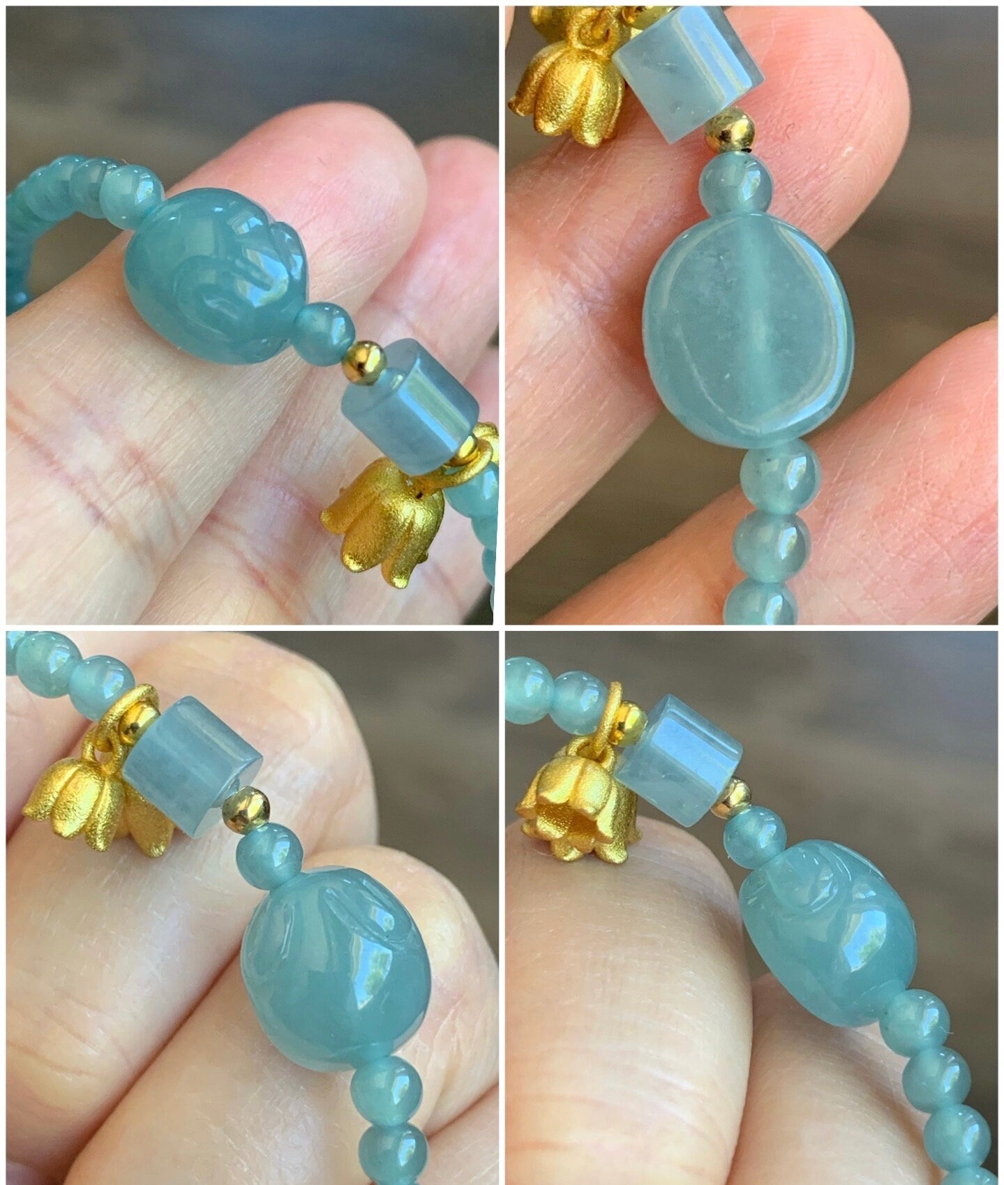 Natural Guatemalan Icy Translucent Gelatinous Sky Blue Jadeite Rabbit Bead & Barrel Bead Beaded Bracelet 6.75” Stretchy 天然冰胶危天空蓝翡翠小兔珠路路通珠手串