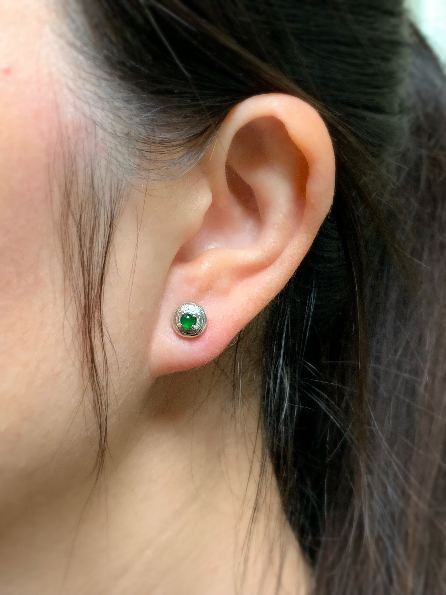 Guatemalan Natural Highly Translucent Icy Green Jadeite Stud Earrings S925 Sterling Silver 天然危地马拉高冰绿翡翠镶嵌耳钉