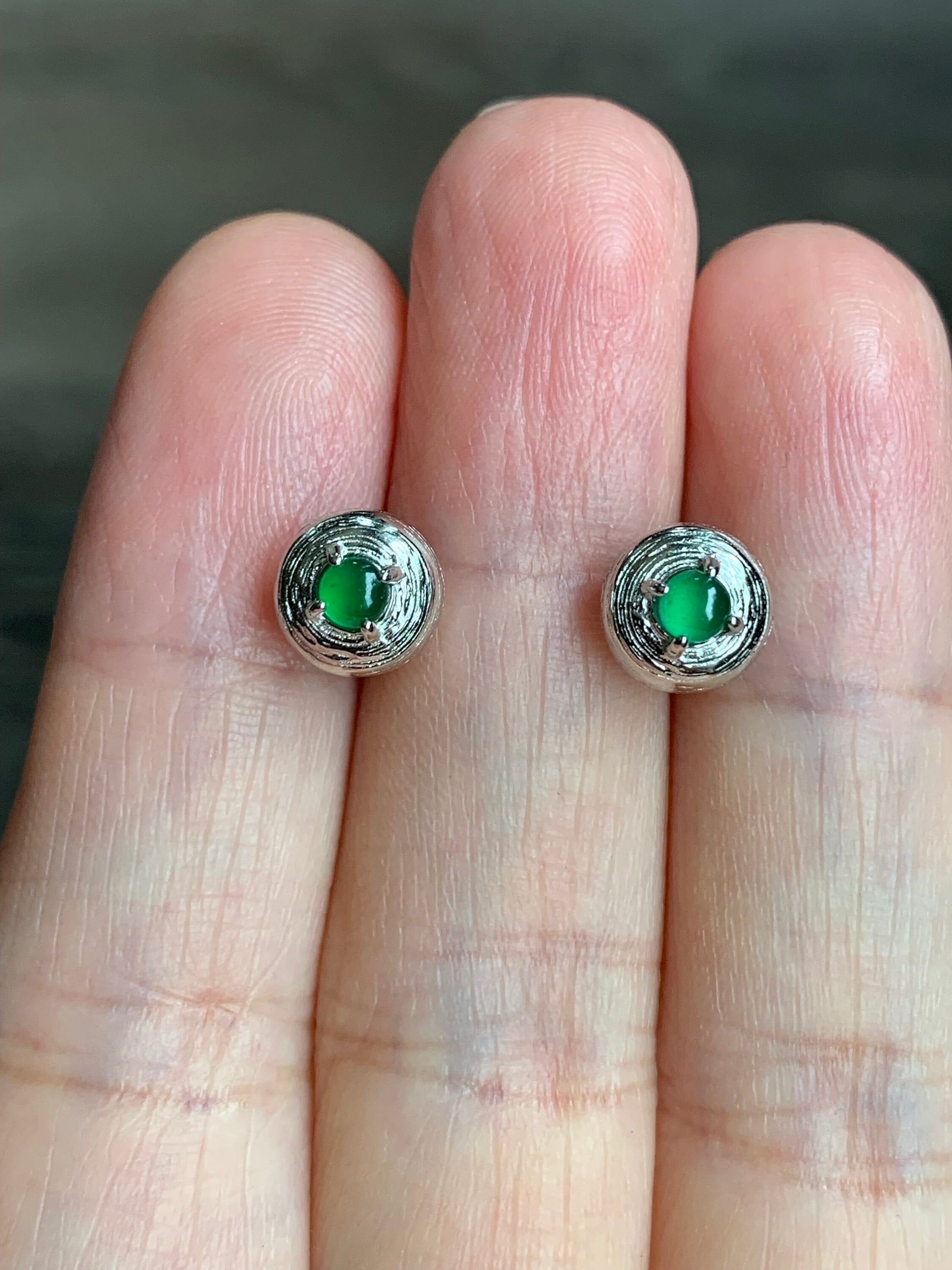 Guatemalan Natural Highly Translucent Icy Green Jadeite Stud Earrings S925 Sterling Silver 天然危地马拉高冰绿翡翠镶嵌耳钉