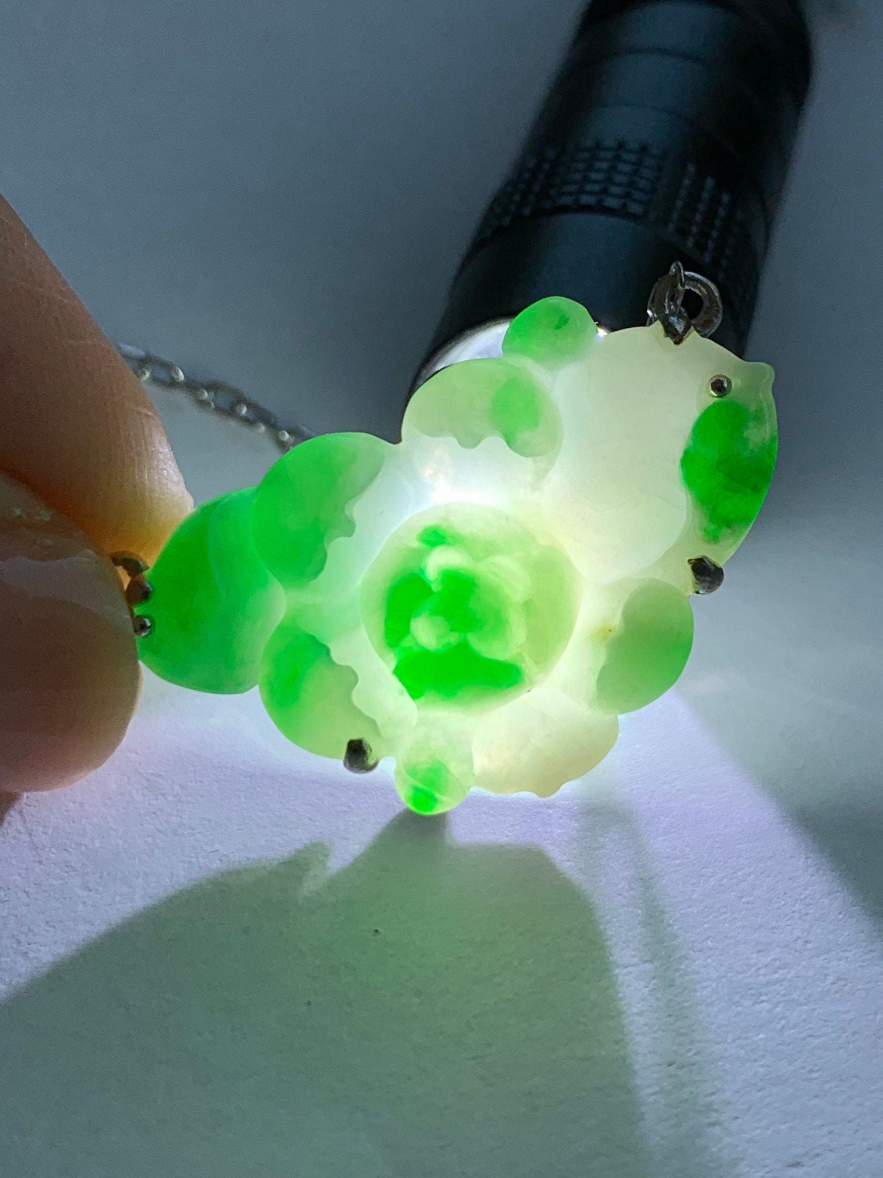 Certified Natural Burmese Grade A Icy Translucent White & Vibrant Green Jadeite Lotus Flower Necklace Sterling Silver 16” 天然缅甸白加绿翡翠莲花银镶锁骨链