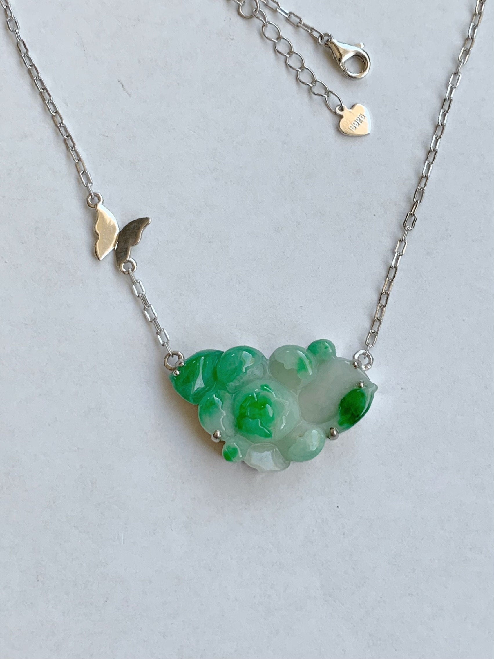Certified Natural Burmese Grade A Icy Translucent White & Vibrant Green Jadeite Lotus Flower Necklace Sterling Silver 16” 天然缅甸白加绿翡翠莲花银镶锁骨链