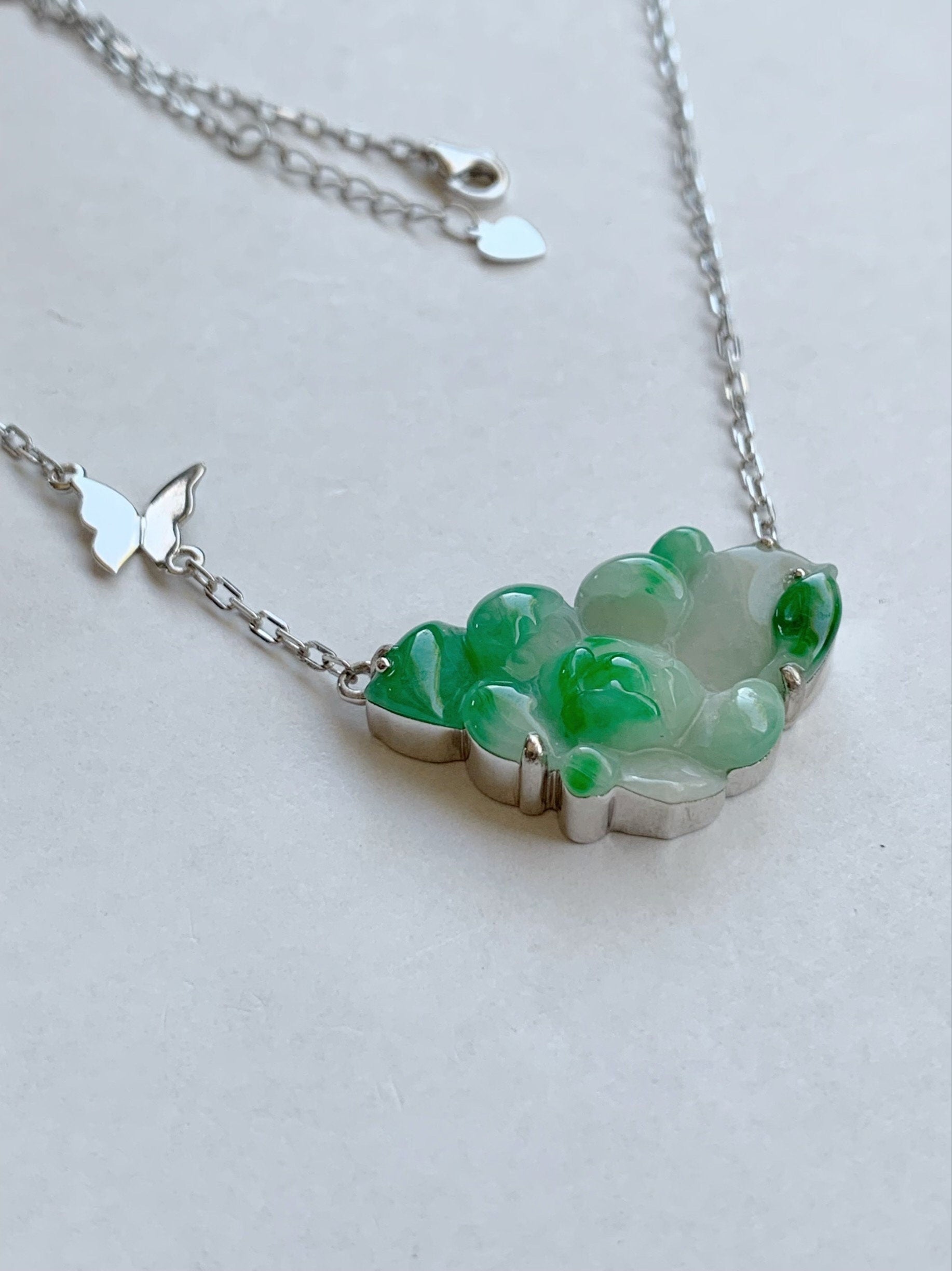Certified Natural Burmese Grade A Icy Translucent White & Vibrant Green Jadeite Lotus Flower Necklace Sterling Silver 16” 天然缅甸白加绿翡翠莲花银镶锁骨链