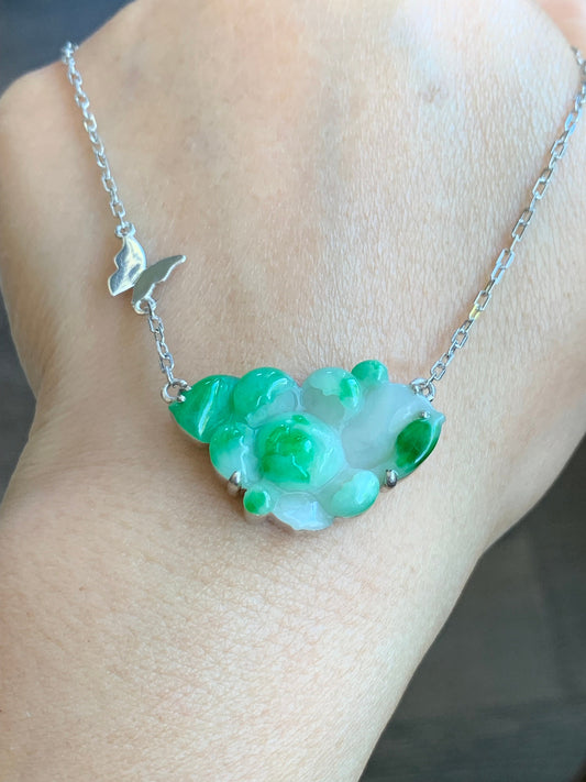 Certified Natural Burmese Grade A Icy Translucent White & Vibrant Green Jadeite Lotus Flower Necklace Sterling Silver 16” 天然缅甸白加绿翡翠莲花银镶锁骨链