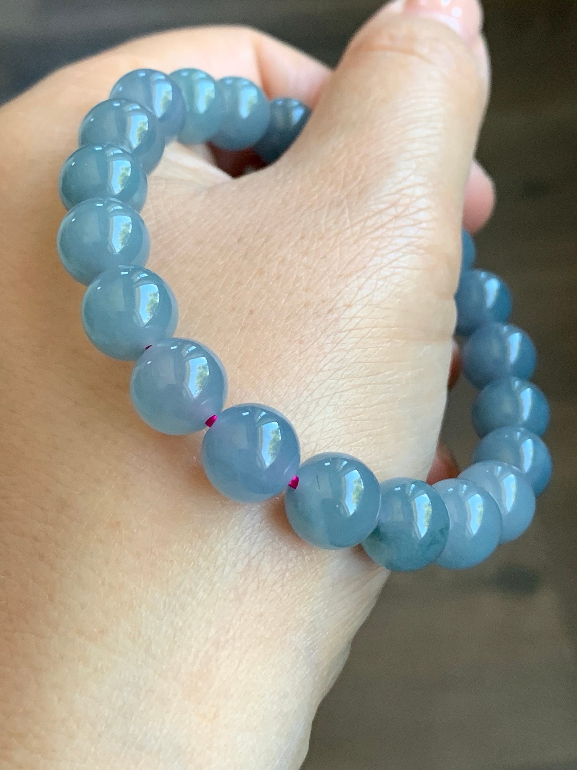Natural Guatemalan Icy Translucent Purplish Blue Jadeite Beaded Bracelet Stretchy 9.6mm 7.25” 天然冰危蓝紫翡翠圆珠手串 LZD829