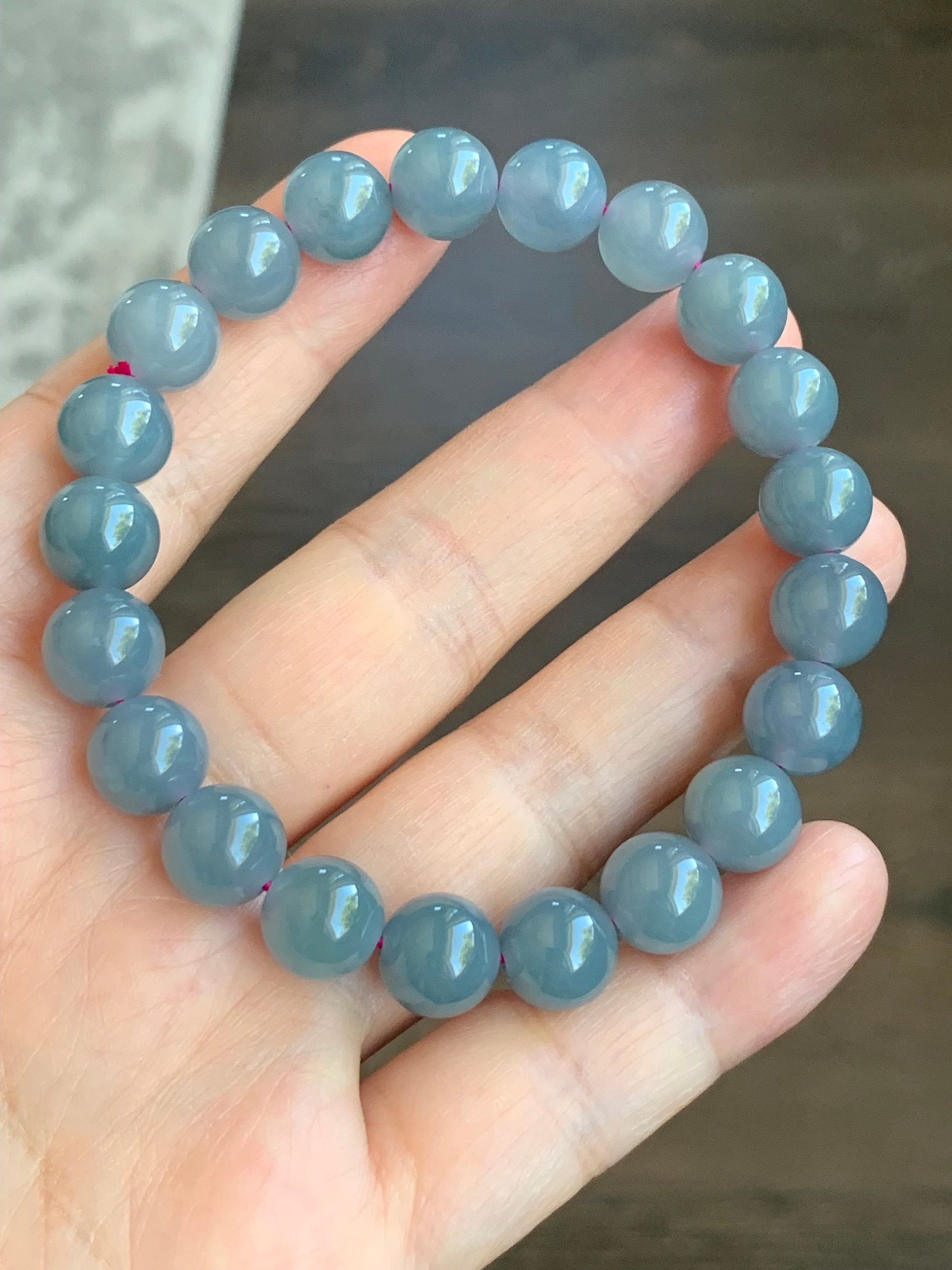 Natural Guatemalan Icy Translucent Purplish Blue Jadeite Beaded Bracelet Stretchy 9.6mm 7.25” 天然冰危蓝紫翡翠圆珠手串 LZD829