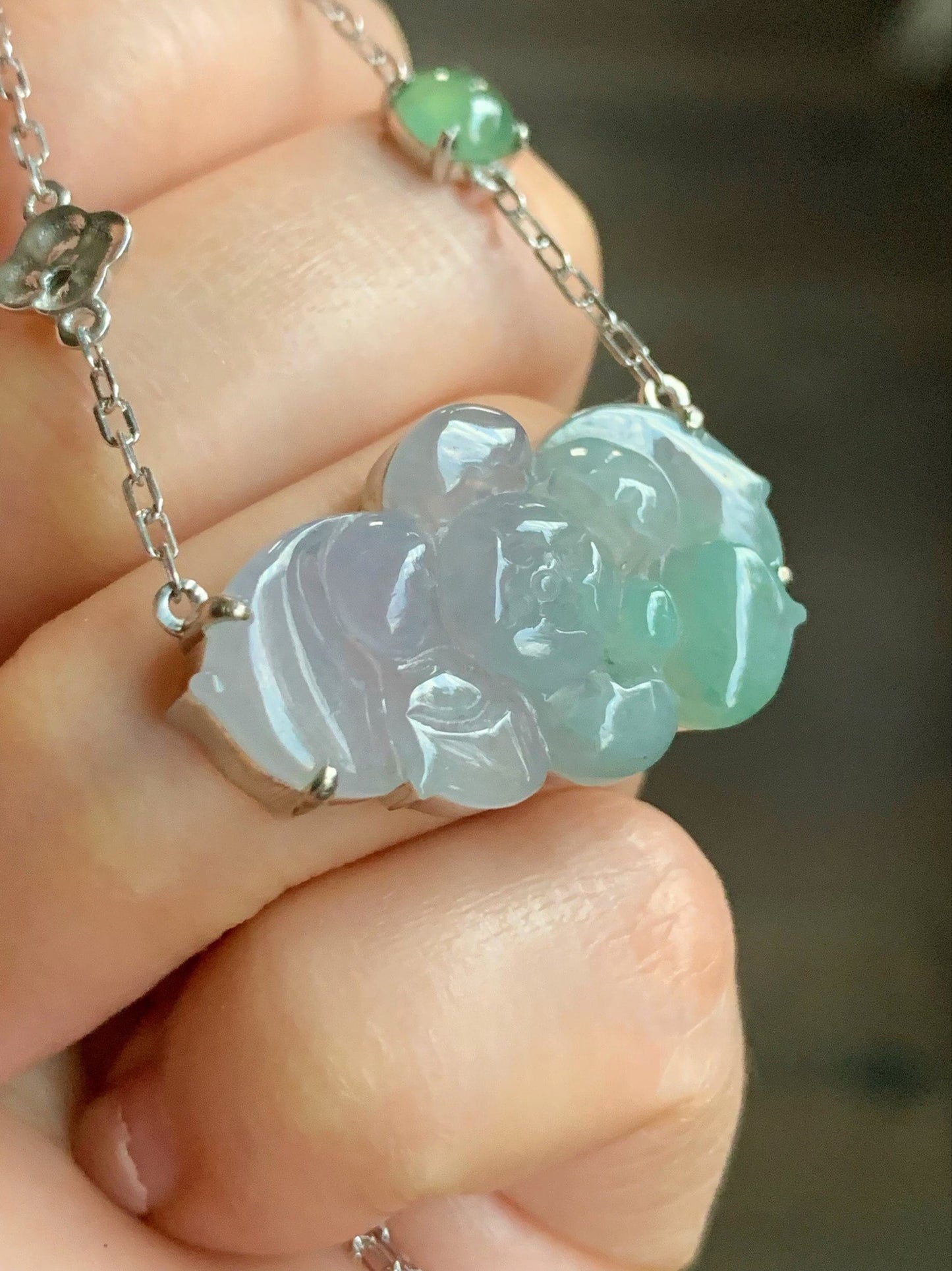 Certified Natural Burmese Grade A Icy Translucent Gelatinous Purple Green Jadeite Lotus Flower Rope Necklace Sterling Silver 天然缅甸冰春彩翡翠莲花锁骨链