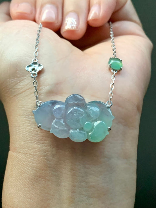 Certified Natural Burmese Grade A Icy Translucent Gelatinous Purple Green Jadeite Lotus Flower Rope Necklace Sterling Silver 天然缅甸冰春彩翡翠莲花锁骨链