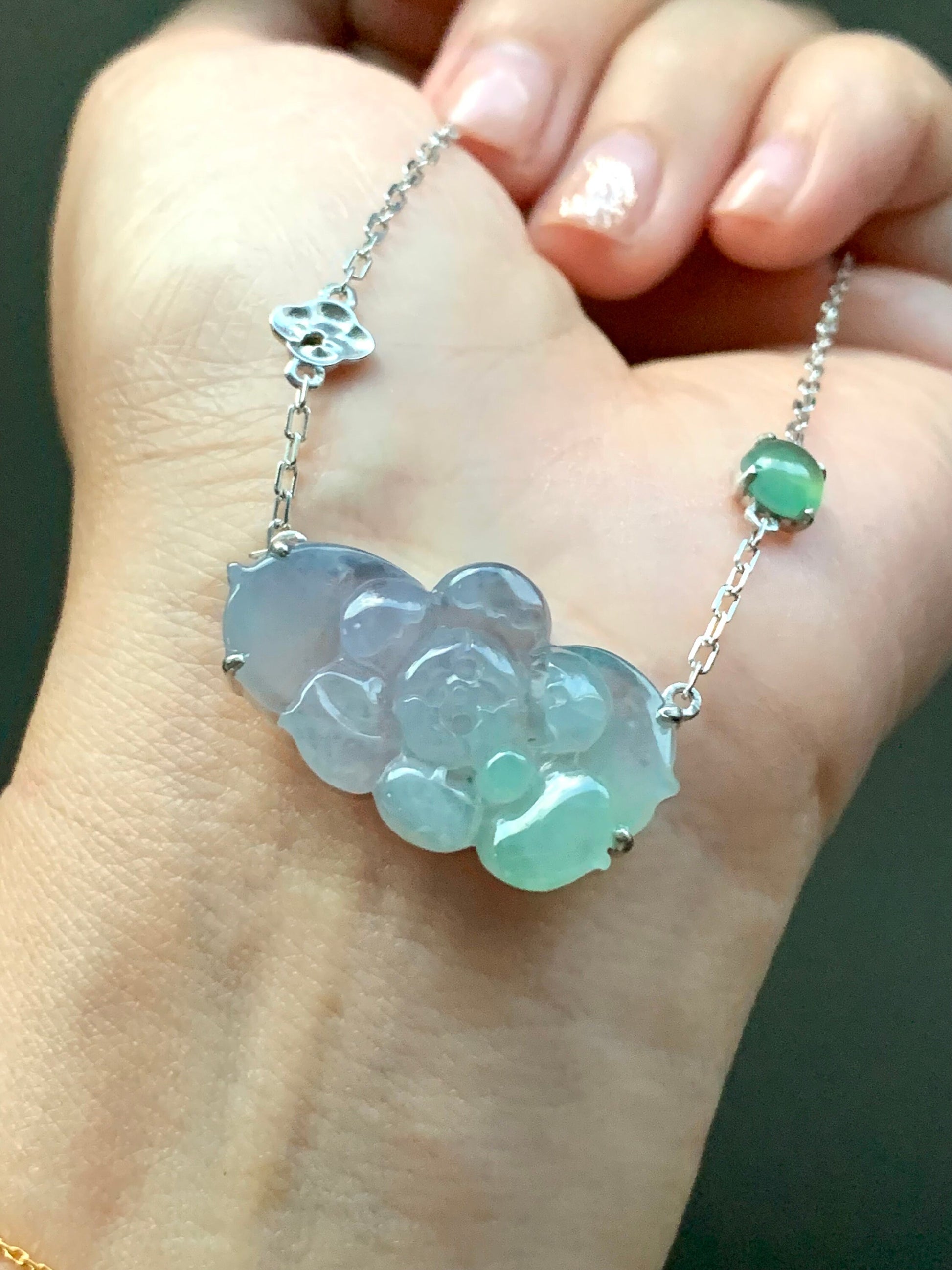 Certified Natural Burmese Grade A Icy Translucent Gelatinous Purple Green Jadeite Lotus Flower Rope Necklace Sterling Silver 天然缅甸冰春彩翡翠莲花锁骨链