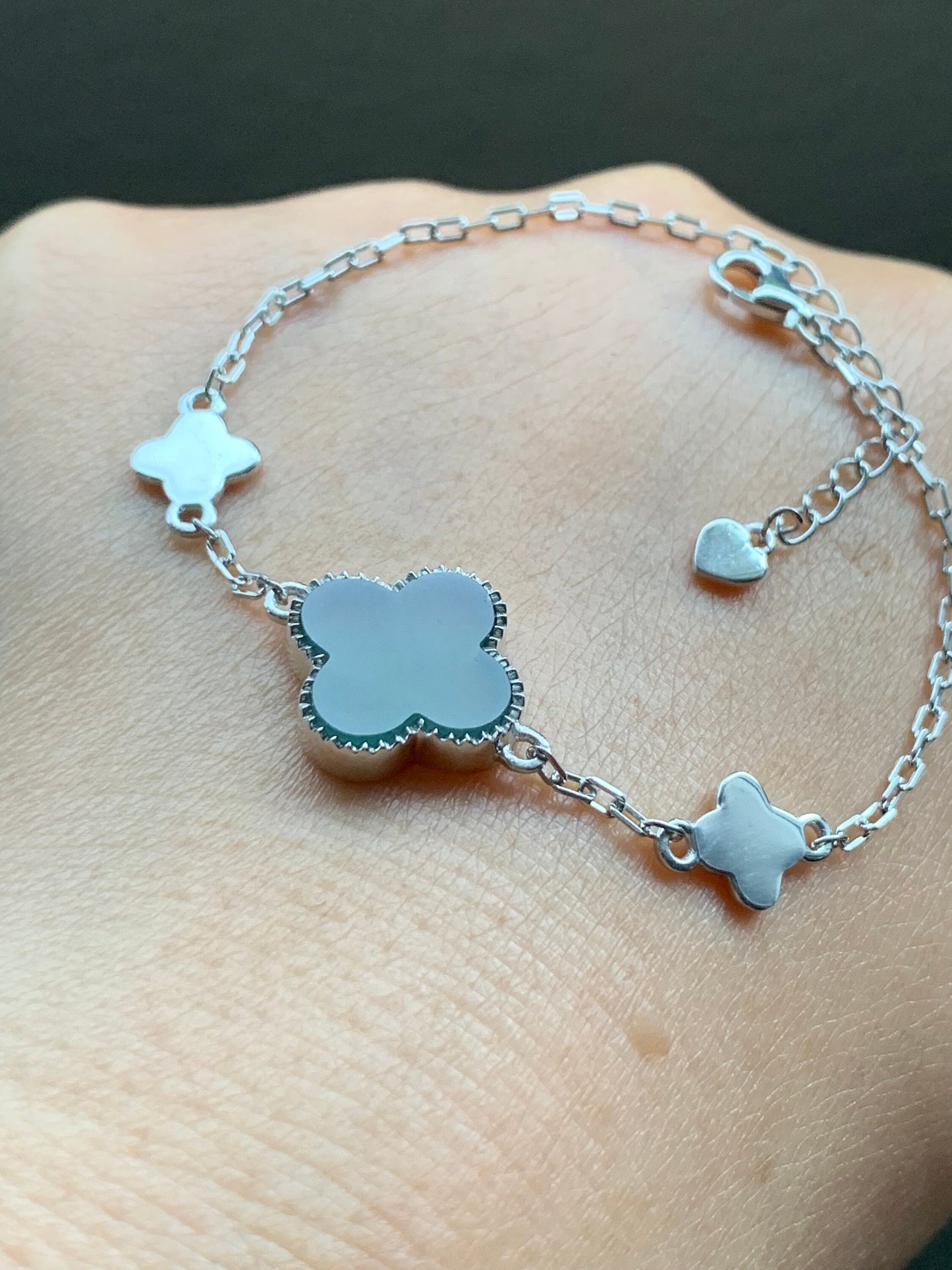 Certified Natural Guatemalan Icy Translucent Teal Green Jadeite Clover Leaf Quatrefoil Design Bracelet Sterling Silver 天然冰危湖水蓝翡翠四叶草银镶手链 1684