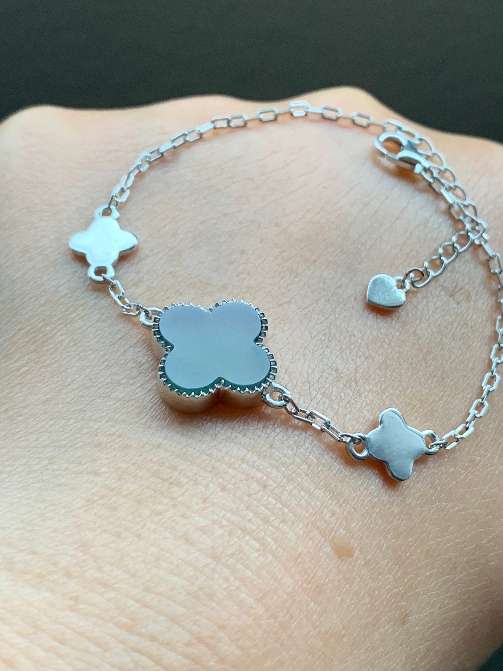 Certified Natural Guatemalan Icy Translucent Teal Green Jadeite Clover Leaf Quatrefoil Design Bracelet Sterling Silver 天然冰危湖水蓝翡翠四叶草银镶手链 1684