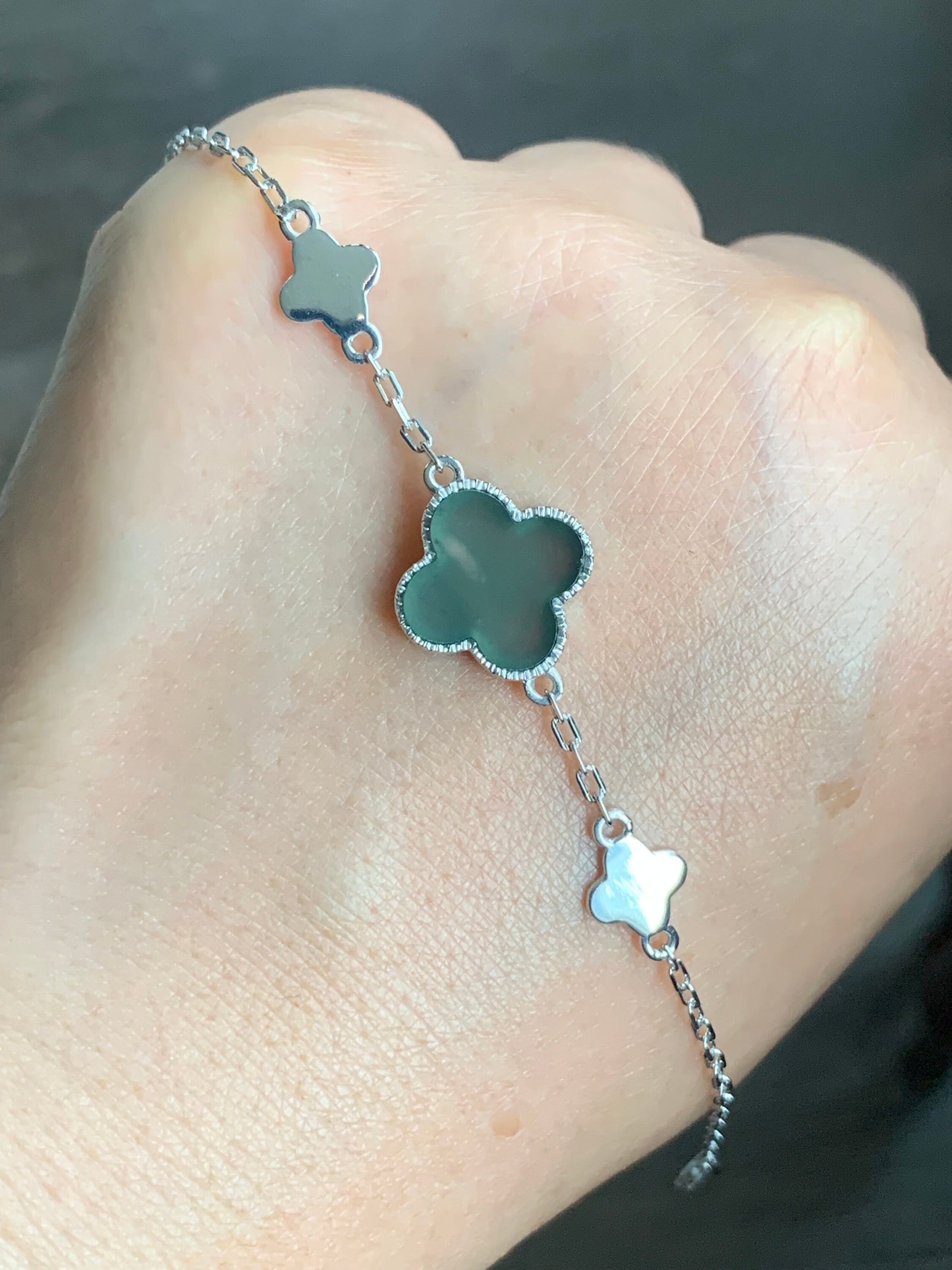 Certified Natural Guatemalan Icy Translucent Teal Green Jadeite Clover Leaf Quatrefoil Design Bracelet Sterling Silver 天然冰危湖水蓝翡翠四叶草银镶手链 1684
