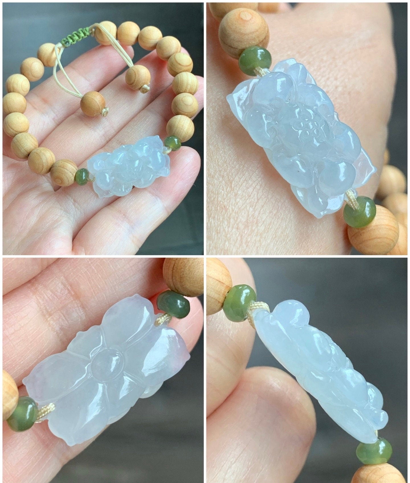 Natural Burmese Icy Translucent Gelatinous White Jadeite Lotus Flower YaBai Wood Beads Beaded Bracelet 6.5” 天然缅甸白冰胶翡翠莲花手牌崖柏木珠手串