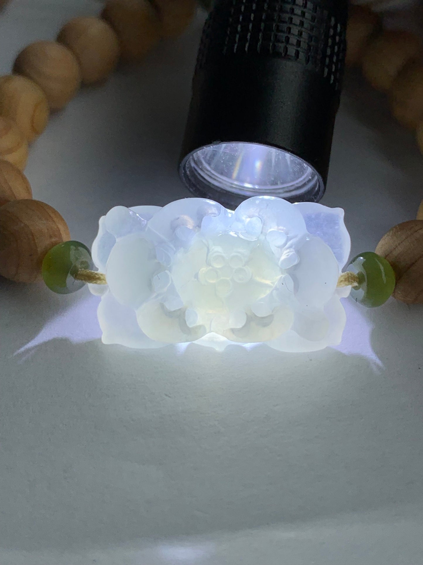 Natural Burmese Icy Translucent Gelatinous White Jadeite Lotus Flower YaBai Wood Beads Beaded Bracelet 6.5” 天然缅甸白冰胶翡翠莲花手牌崖柏木珠手串