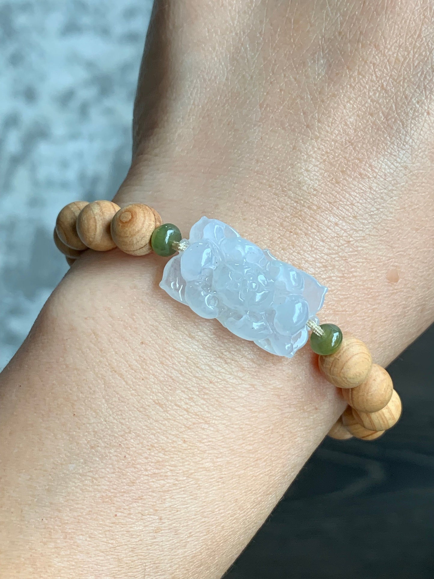 Natural Burmese Icy Translucent Gelatinous White Jadeite Lotus Flower YaBai Wood Beads Beaded Bracelet 6.5” 天然缅甸白冰胶翡翠莲花手牌崖柏木珠手串