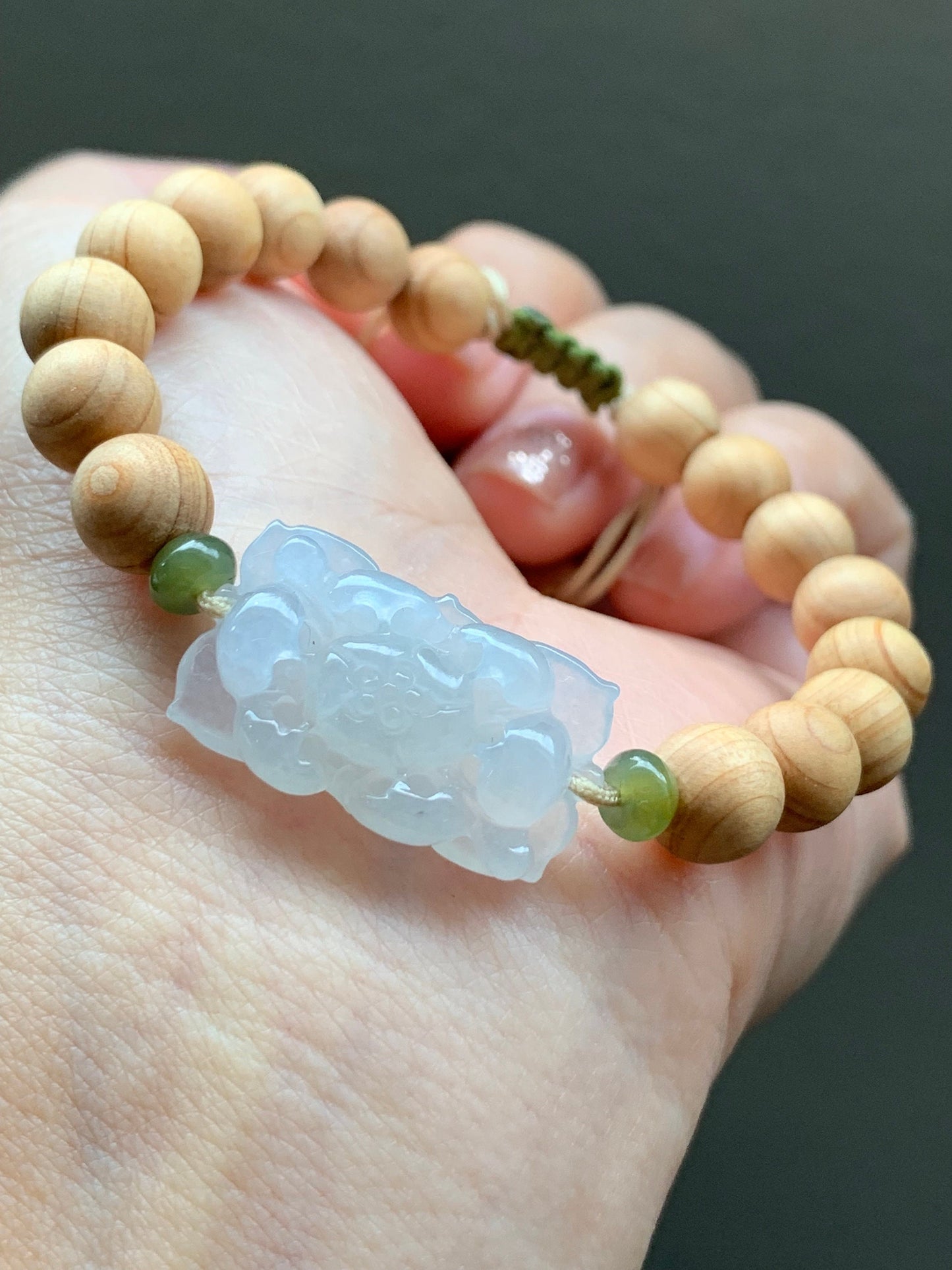 Natural Burmese Icy Translucent Gelatinous White Jadeite Lotus Flower YaBai Wood Beads Beaded Bracelet 6.5” 天然缅甸白冰胶翡翠莲花手牌崖柏木珠手串