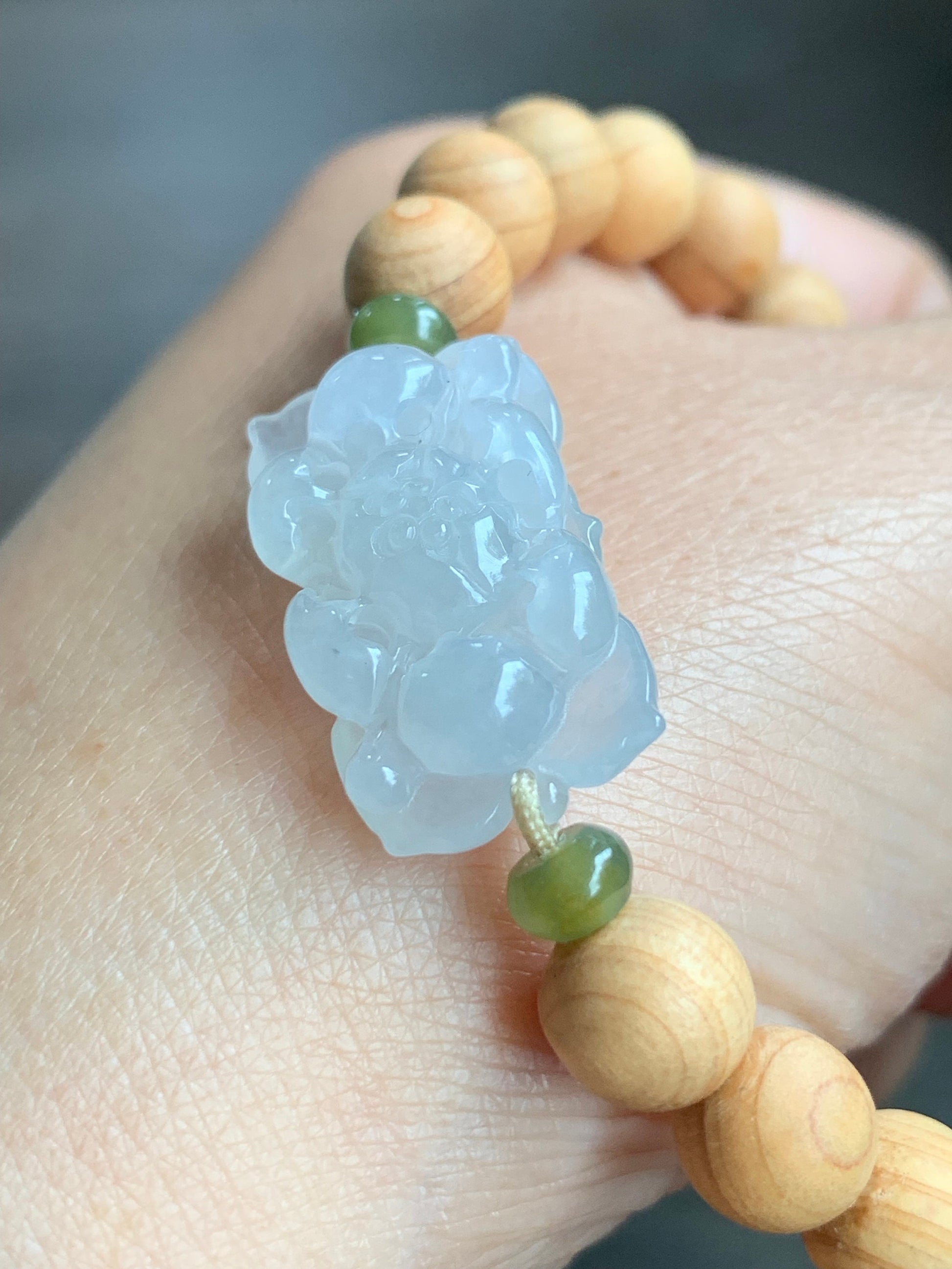 Natural Burmese Icy Translucent Gelatinous White Jadeite Lotus Flower YaBai Wood Beads Beaded Bracelet 6.5” 天然缅甸白冰胶翡翠莲花手牌崖柏木珠手串