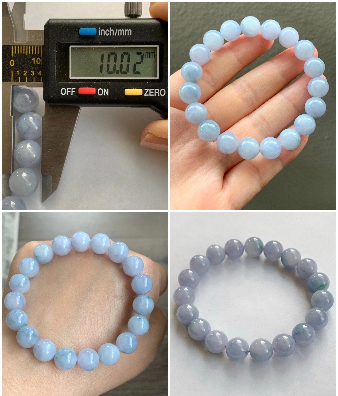 RARE FIND Certified Natural Burmese Icy Translucent Purple Jadeite w/ Green Marbling Beaded Bracelet 10mm 7” 32.3 grams 天然缅甸冰淡紫飘花翡翠大卡手串 3787