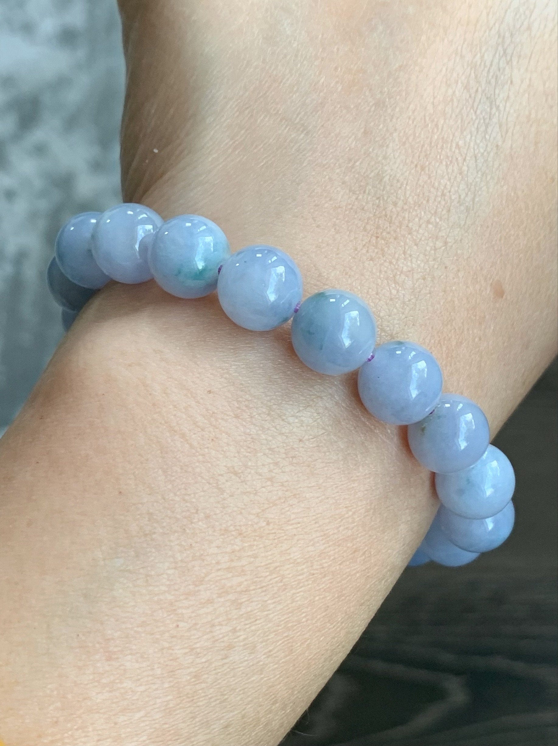 RARE FIND Certified Natural Burmese Icy Translucent Purple Jadeite w/ Green Marbling Beaded Bracelet 10mm 7” 32.3 grams 天然缅甸冰淡紫飘花翡翠大卡手串 3787
