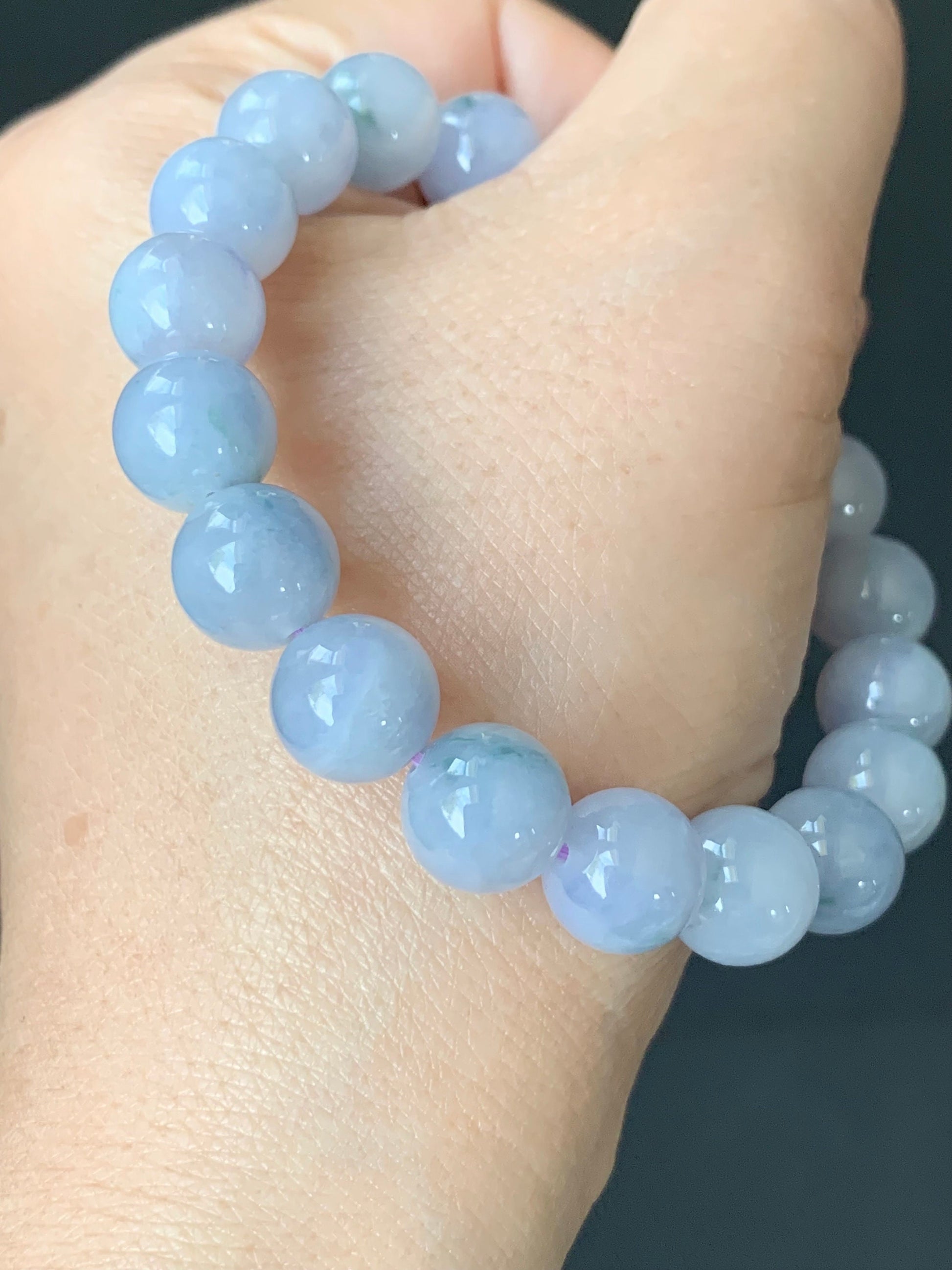 RARE FIND Certified Natural Burmese Icy Translucent Purple Jadeite w/ Green Marbling Beaded Bracelet 10mm 7” 32.3 grams 天然缅甸冰淡紫飘花翡翠大卡手串 3787