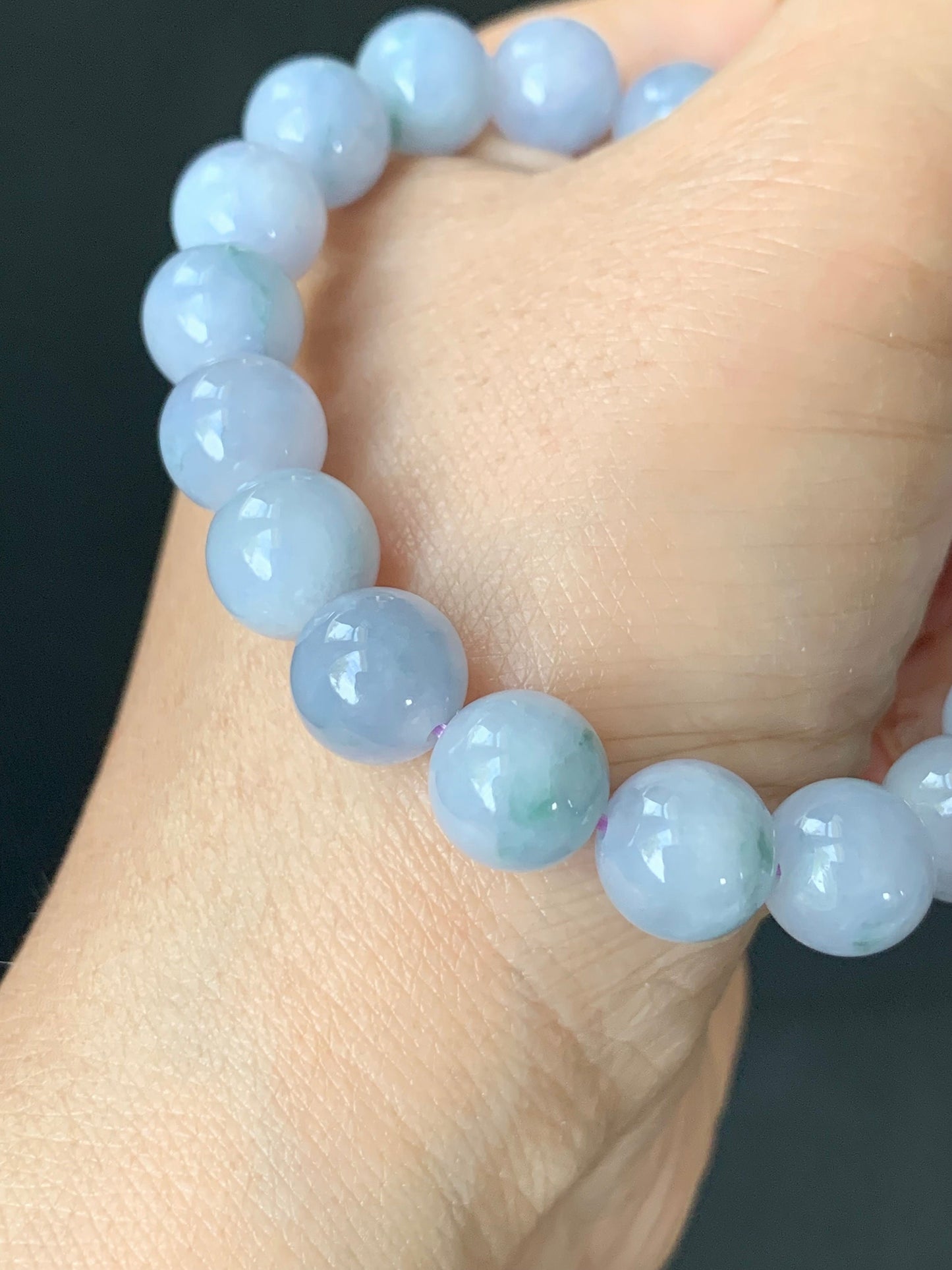 RARE FIND Certified Natural Burmese Icy Translucent Purple Jadeite w/ Green Marbling Beaded Bracelet 10mm 7” 32.3 grams 天然缅甸冰淡紫飘花翡翠大卡手串 3787