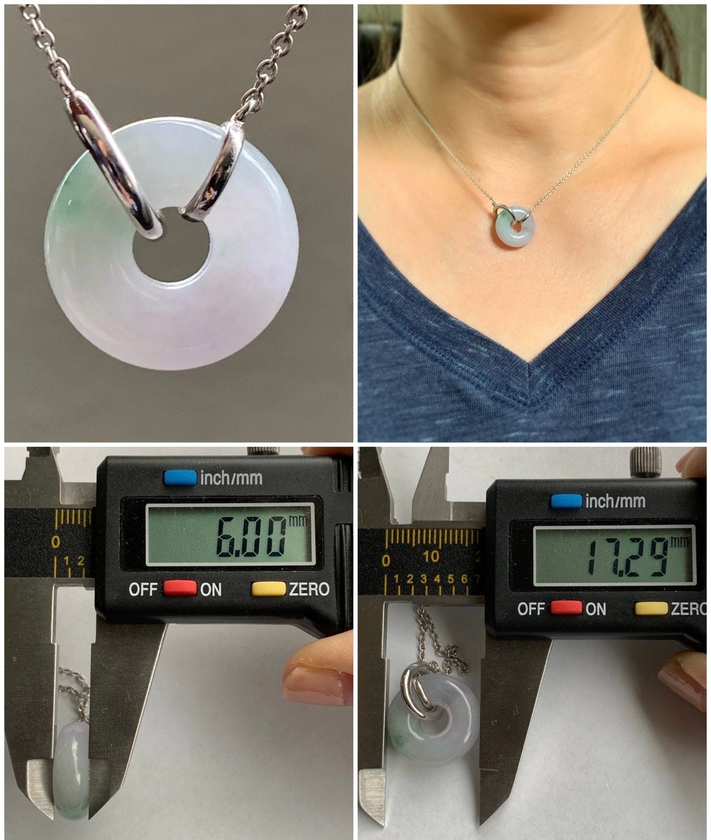 Certified Natural Burmese Translucent Light Purple Jadeite w/ Green Marbling Ping An Kou Necklace Sterling Silver 天然缅甸糯冰淡紫飘花翡翠平安扣锁骨链 1682