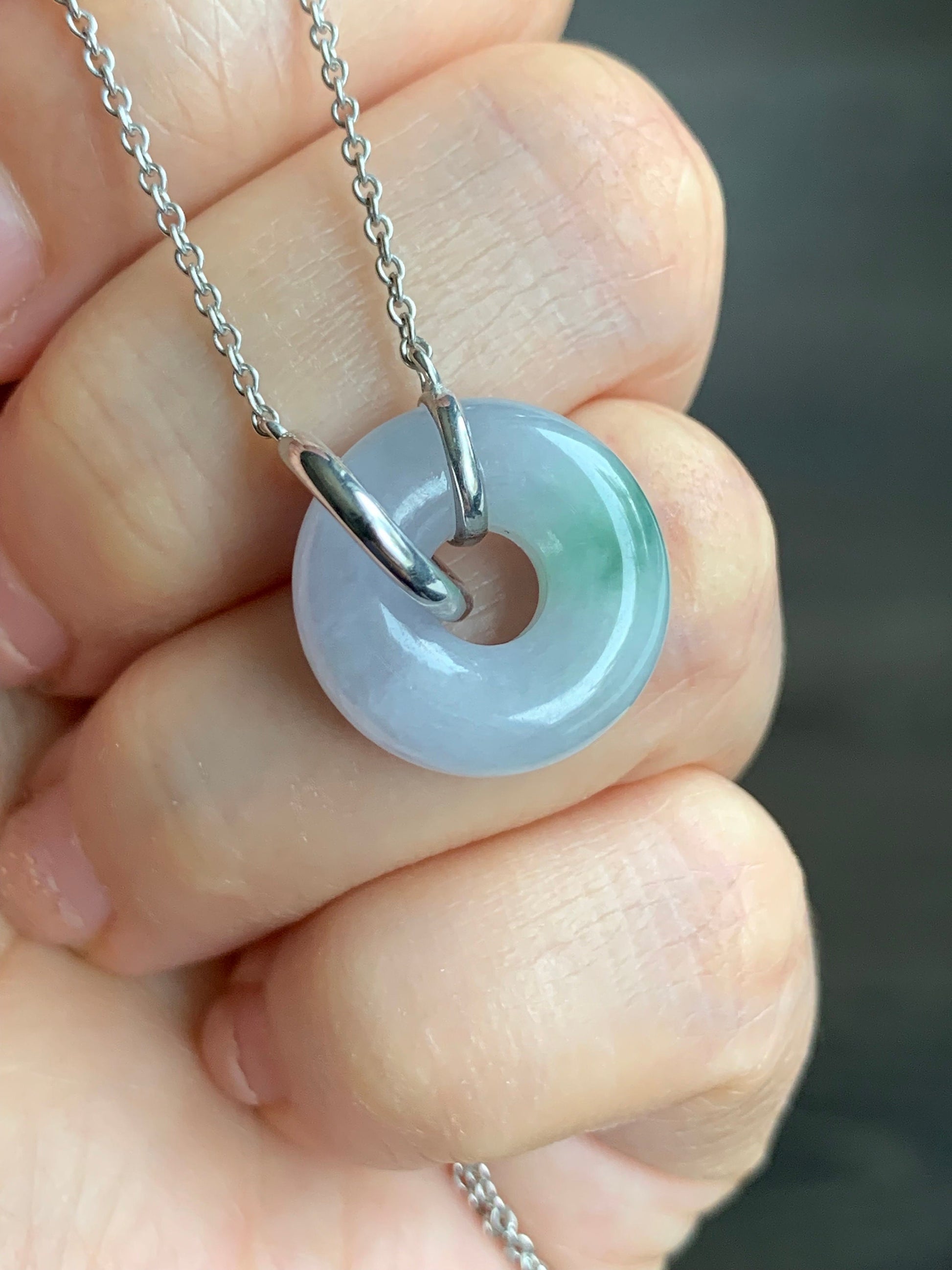 Certified Natural Burmese Translucent Light Purple Jadeite w/ Green Marbling Ping An Kou Necklace Sterling Silver 天然缅甸糯冰淡紫飘花翡翠平安扣锁骨链 1682