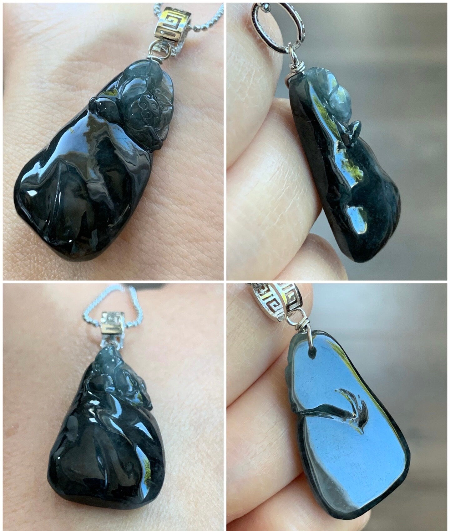 Natural Burmese Icy Highly Translucent Dark Wuj Jadeite Carved Lotus Flower Pendant Sterling Silver Bail 天然缅甸冰胶乌鸡翡翠随形莲花吊坠