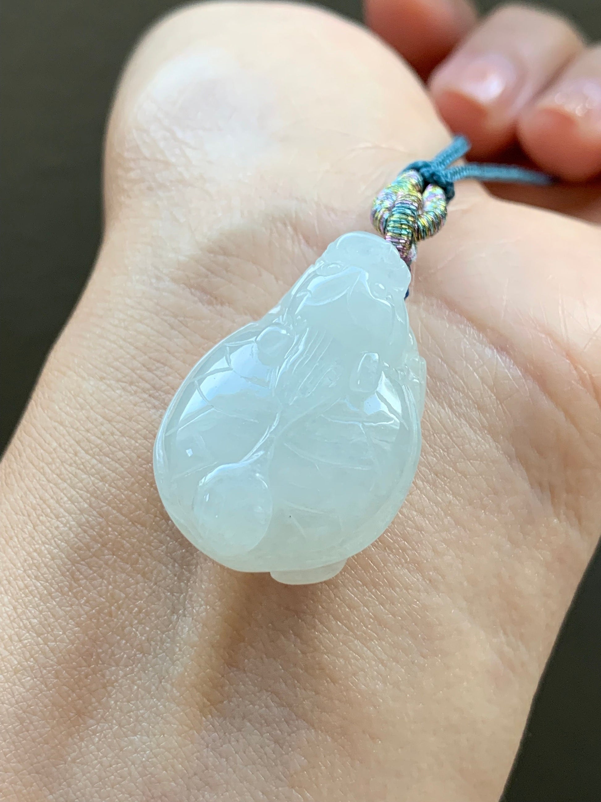 Natural Burmese Icy Pale Light Green Jadeite Carved Dragon Turtle Pendant Rope Necklace 24” Adjustable 天然缅甸白糯冰翡翠精工龙龟吊坠