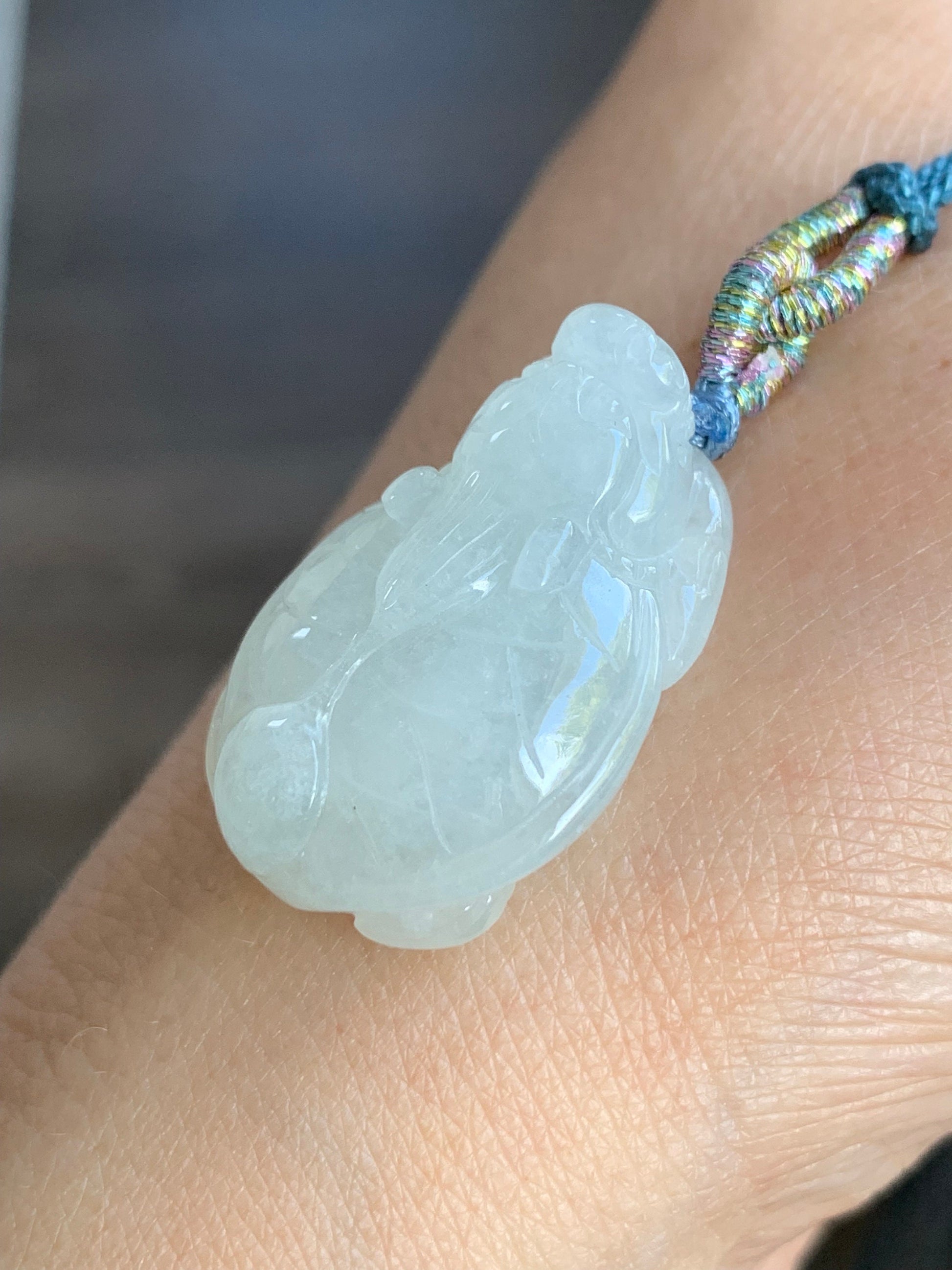 Natural Burmese Icy Pale Light Green Jadeite Carved Dragon Turtle Pendant Rope Necklace 24” Adjustable 天然缅甸白糯冰翡翠精工龙龟吊坠