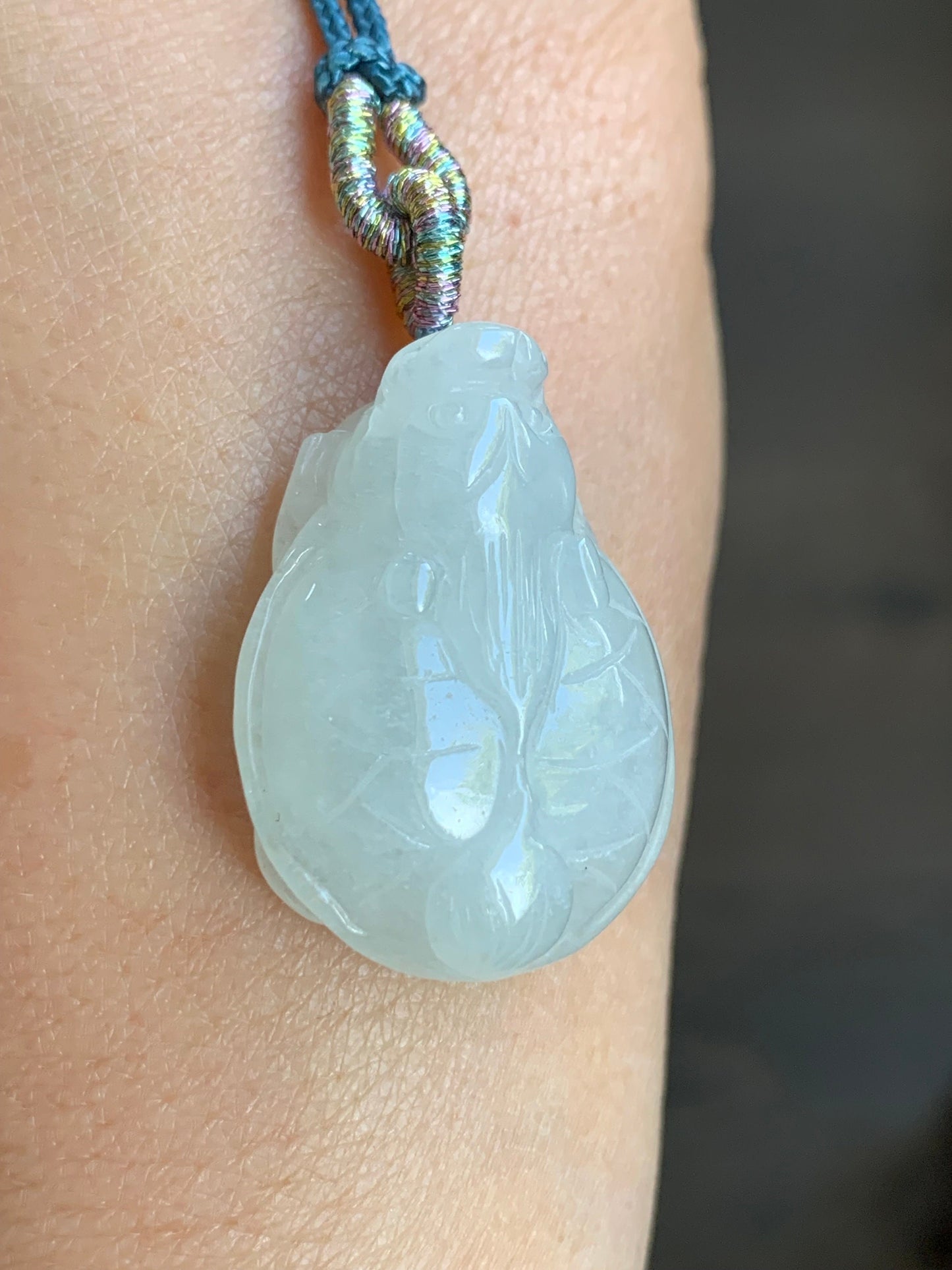 Natural Burmese Icy Pale Light Green Jadeite Carved Dragon Turtle Pendant Rope Necklace 24” Adjustable 天然缅甸白糯冰翡翠精工龙龟吊坠