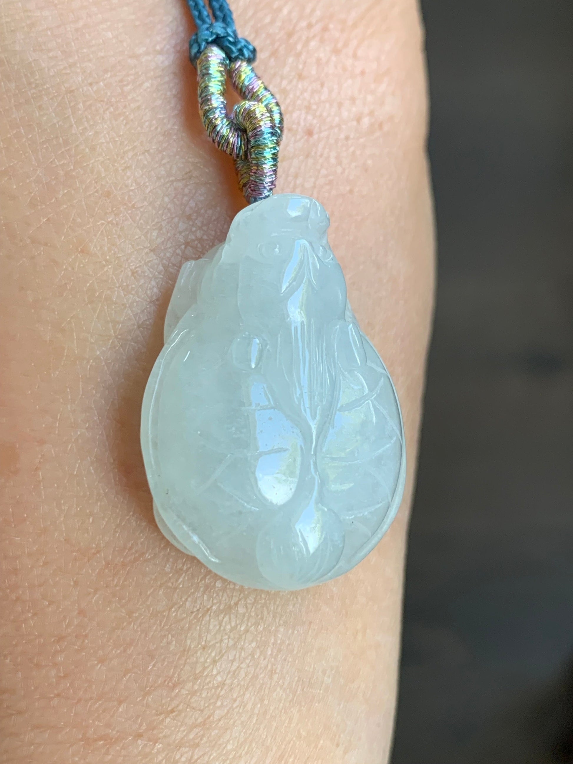 Natural Burmese Icy Pale Light Green Jadeite Carved Dragon Turtle Pendant Rope Necklace 24” Adjustable 天然缅甸白糯冰翡翠精工龙龟吊坠