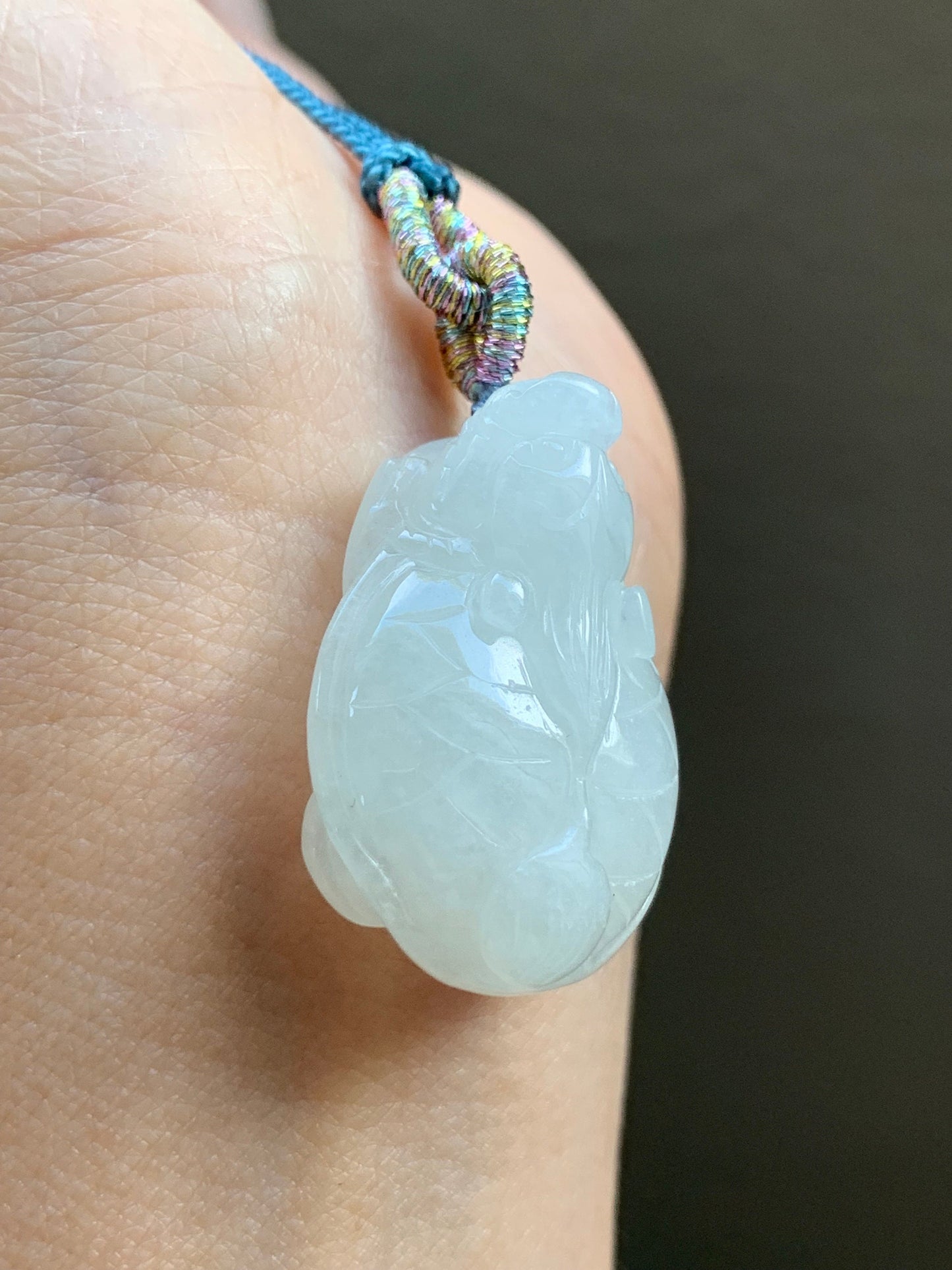 Natural Burmese Icy Pale Light Green Jadeite Carved Dragon Turtle Pendant Rope Necklace 24” Adjustable 天然缅甸白糯冰翡翠精工龙龟吊坠