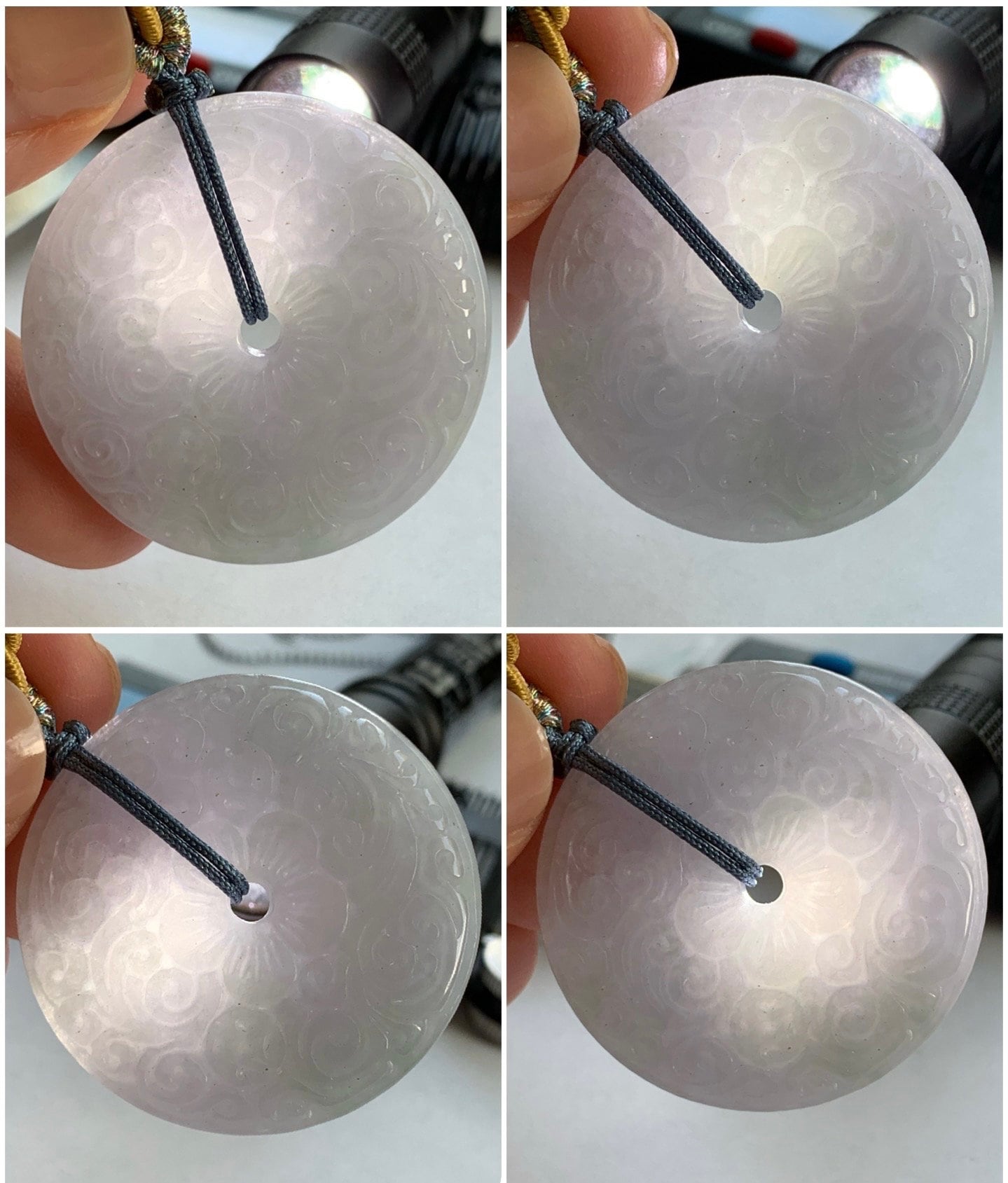 Large Natural Burmese Icy Light Purple Jadeite Retro Engraved Ping An Kou Donut Pendant Rope Necklace 26” Adjustable 天然缅甸冰糯淡紫翡翠平安扣吊坠项链 B